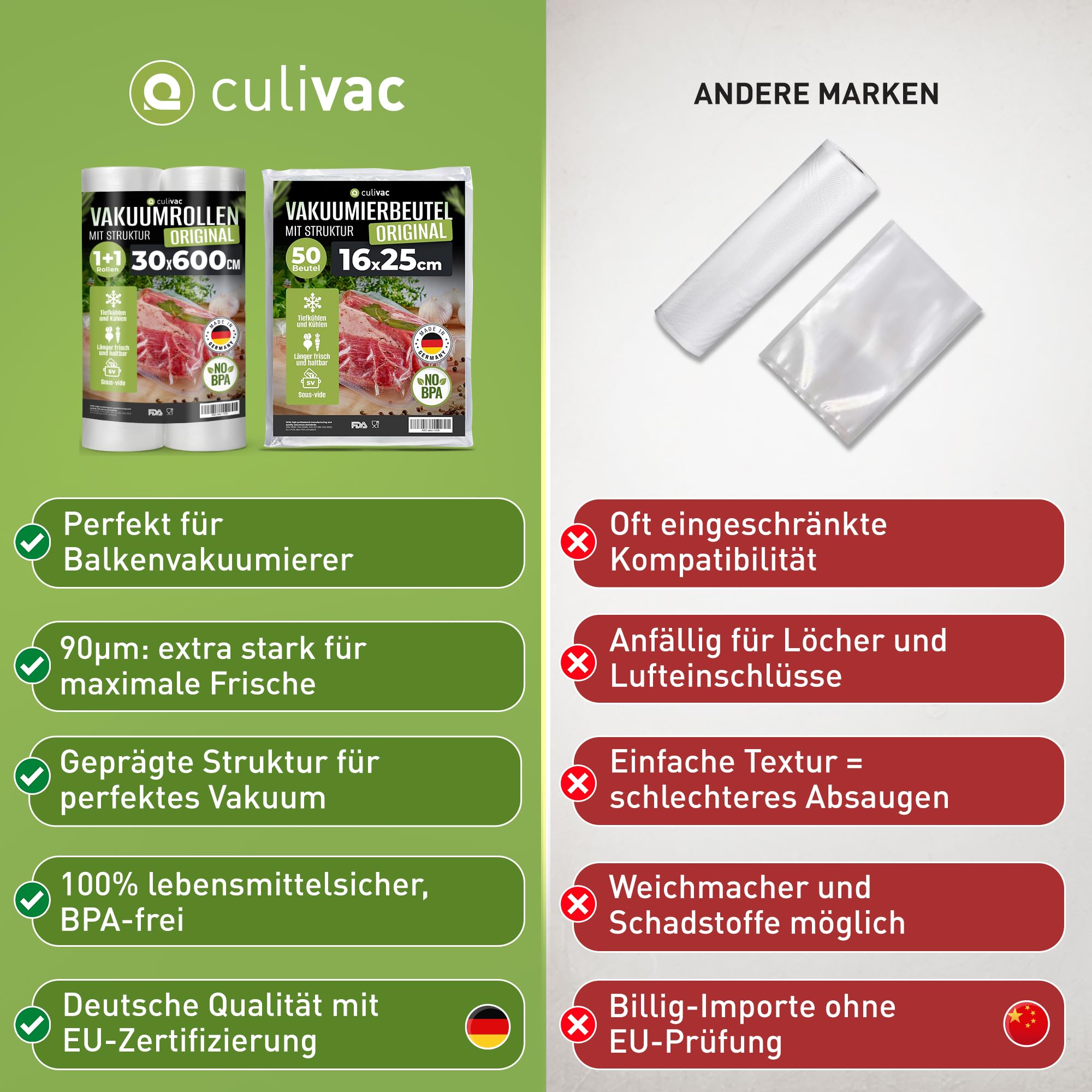 culivac Vakuumierbeutel Original – 50 Stück 16x25cm – 90µm reißfest | Vakuumbeutel für alle Vakuumierer, BPA-frei, dicht, Sous-Vide, wiederverwendbar, 6× längere Frische, Made in Germany