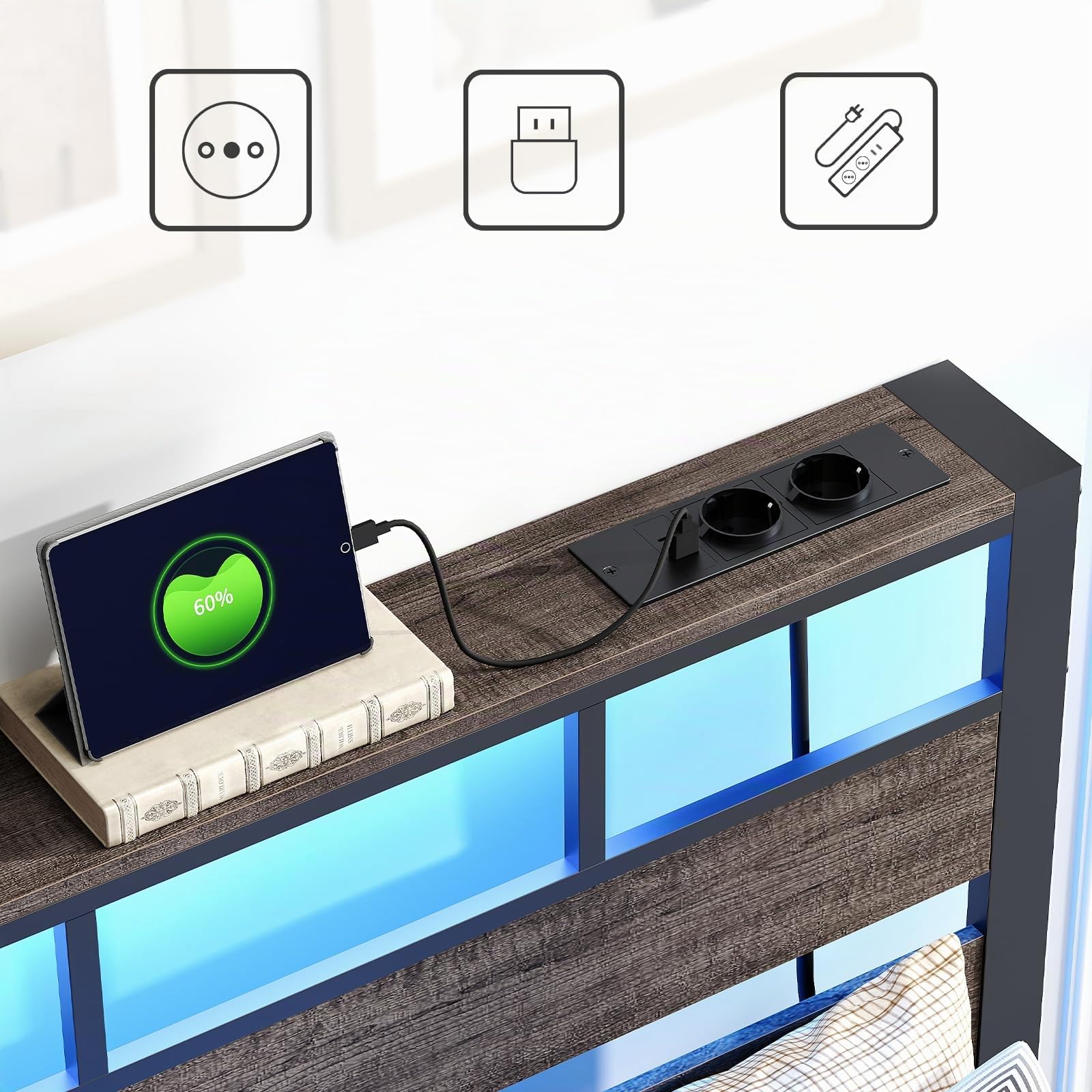 HOOBRO Cama 180 x 200 cm, Estructura Metálica con Ilminación LED, Enchufes y Espacio de Almacenaje, Cama Matrimonio con Cabecero, para Dormitorio, Color Negro Carbón EBC80CDBF01