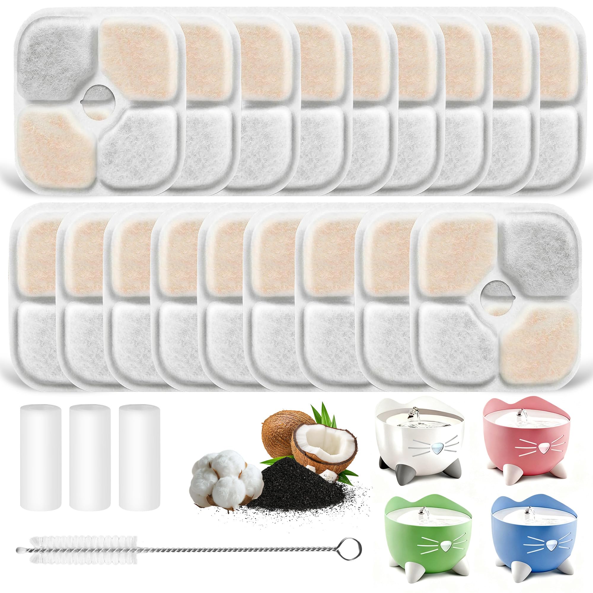 YeeQo 18 filtri fontanella per gatti e 3 tubi per Catit Pixi (2,5L), adatti per Catit 43722, 43717. Triplo sistema di filtrazione con carbone attivo e resina, filtro ad alta efficienza