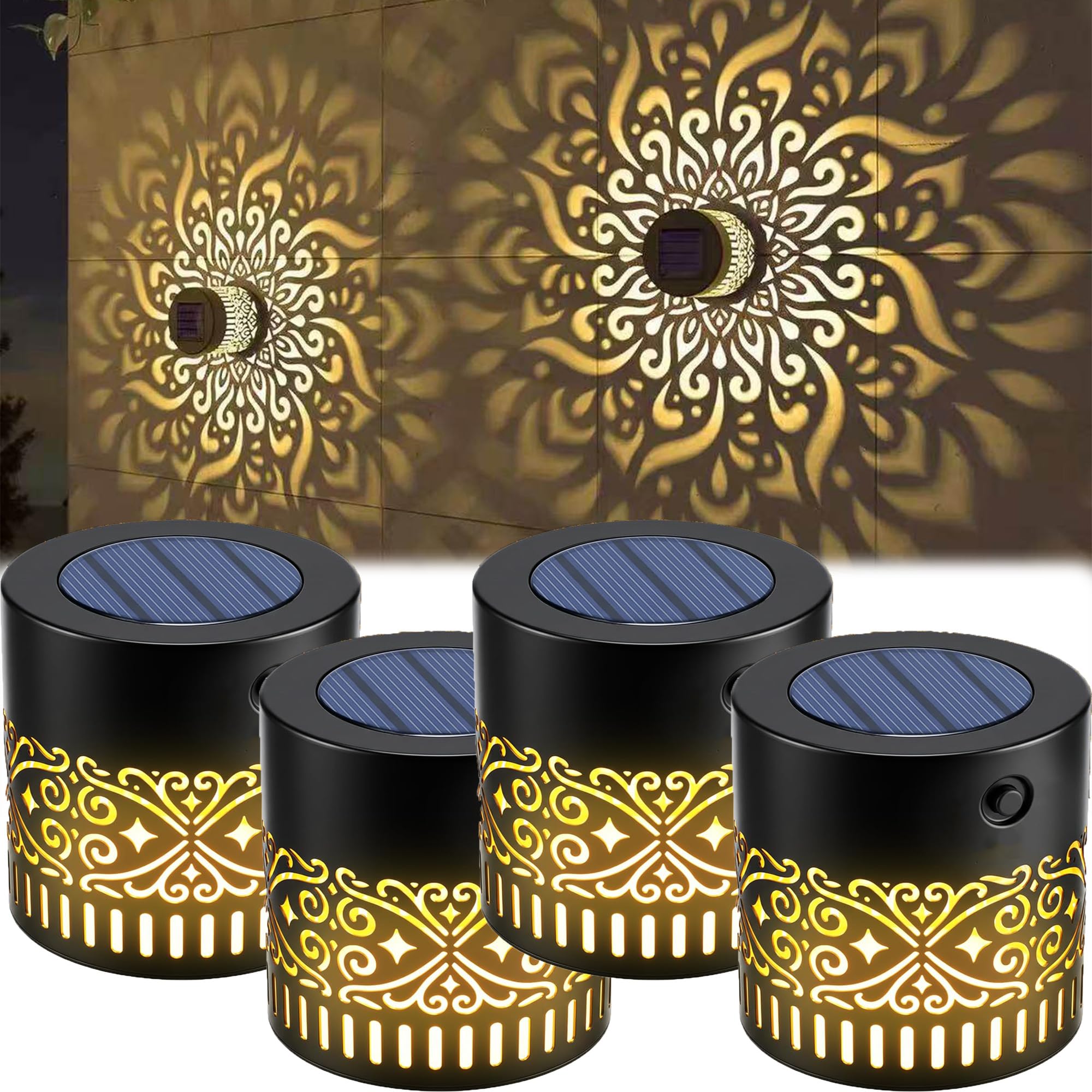 Solar Mandala Light – Stunning Pattern Projection, Solar-Powered Decor Projection Light, 2-in-1 Floor & Wall Design & IP65 Waterproof Auto On/Off, for Yard Garden Patio Backyard Post (4, Warn Colour)