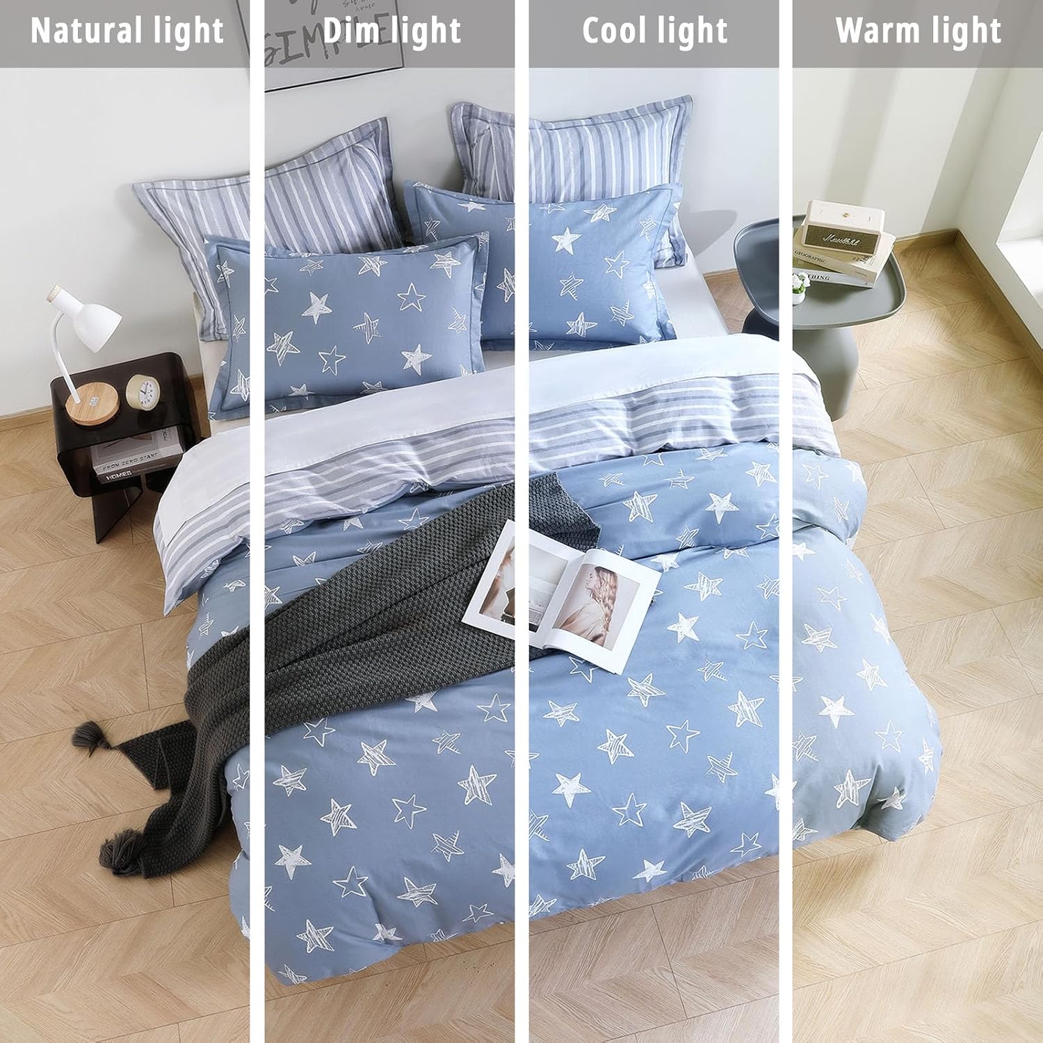 LEMIROE Blue Cotton Comforter Twin Size 2Pcs - White Doodle Style Stars on Denim Blue Front, Gray Stripes on Back, Reversible Lightweight Bedding Sets with Soft Fill(1 Comfoter, 1 Pillowcase)