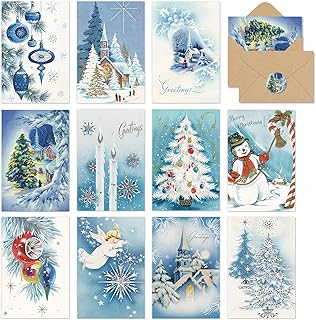 Whaline 33 Packs Vintage Christmas Greeting Cards Retro Blue Snowman Tre...