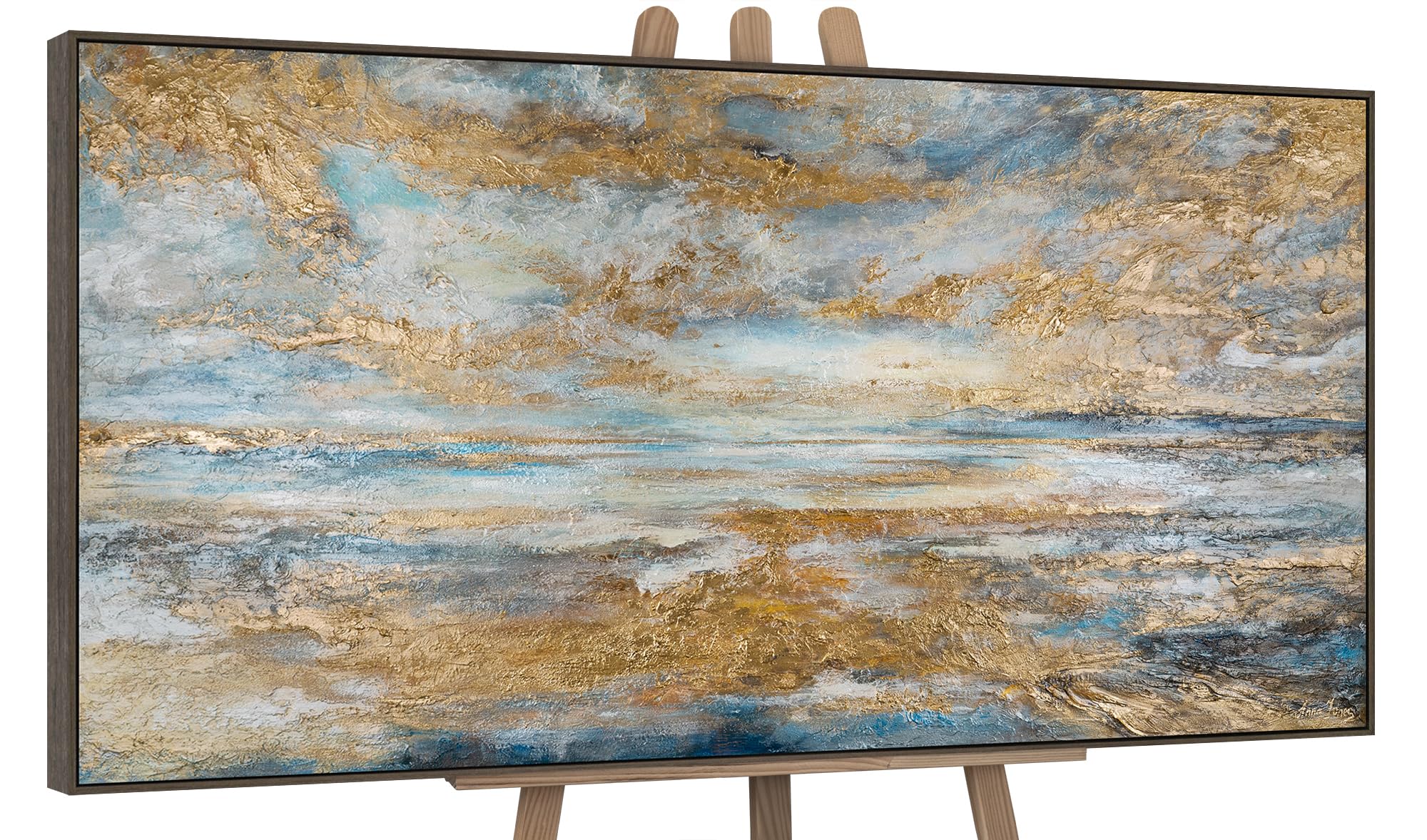YS-Art Framed Original Handmade Painting – Abstract Seascape in Blue and Gold, Textured Acrylic on Canvas, Modern Coastal Wall Decor 80x40 inches