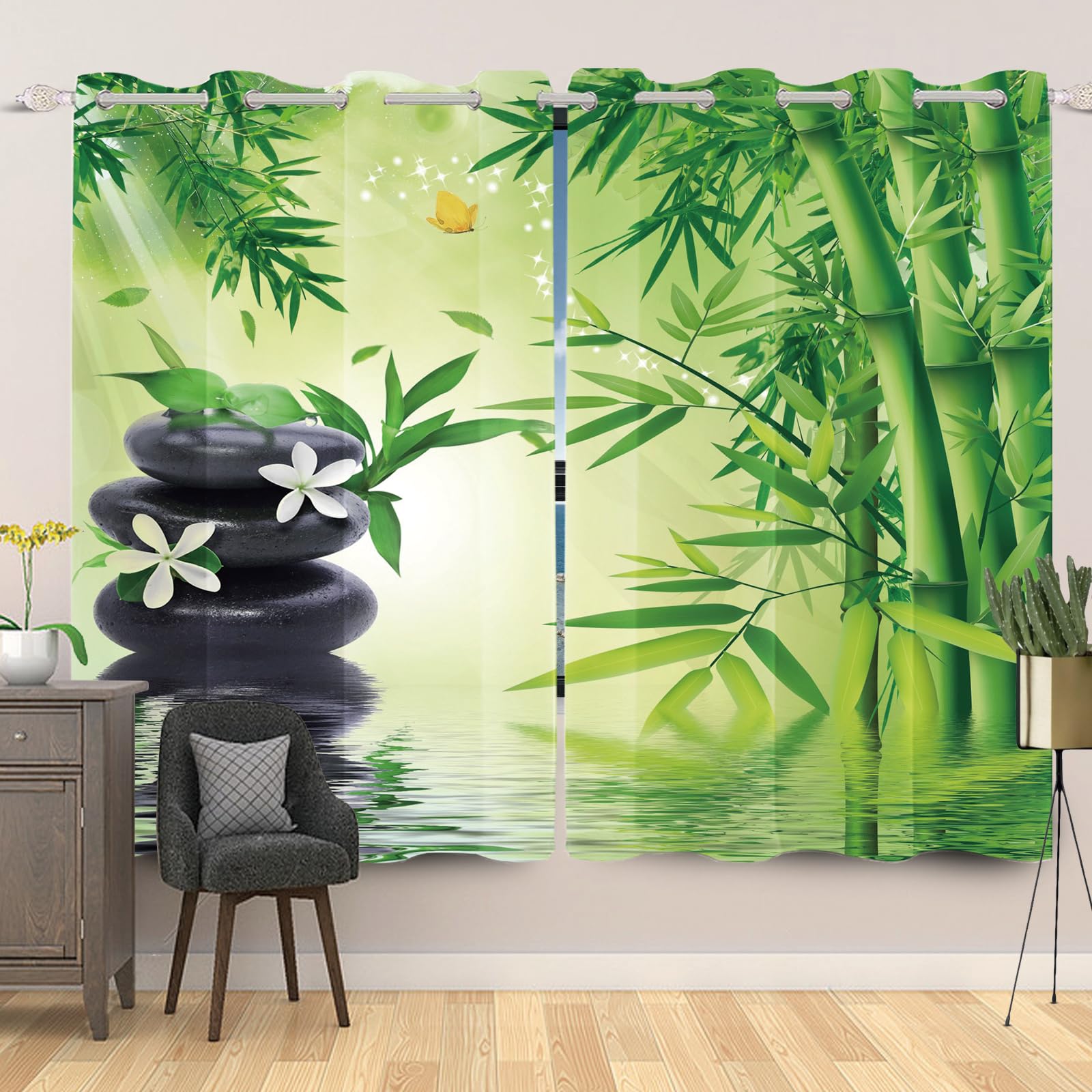 117x183cm SPA Yoga Cortina con Ojales Bambú Verde Primavera Clara Guijarros Flores Meditación Relajante Zen Biombos térmicos Opacos Cortinas para Ventanas Dormitorio Sala de Estar,2 Panel