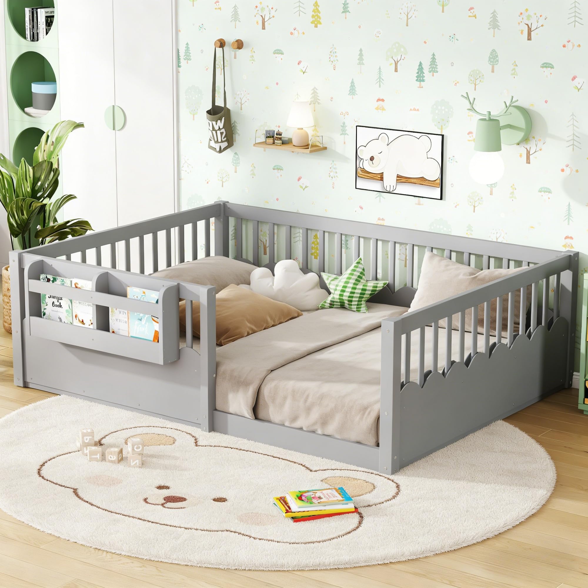 Full Size Floor Bed with Bookshelves, Wood Kids Floor Bed with Upgraded Guardrails and Slats, Montessori Floor Bed Frame for Kids, Boys, Girls,