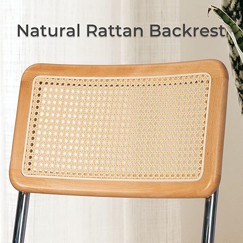 Miniatura 5 de Gardenbee Juego de 2 sillas de comedor, modernas sillas de comedor de ratán de mediados de siglo con patas cromadas de metal, respaldo de caña