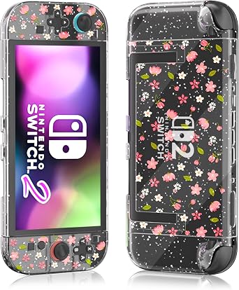 Cute Sakura Switch 2 Case Cover, Clear Hardshell for Nintendo Switch 2 Protective Skin Accessories with Waterproof, Shockproof, Scratch-Resistant, Transparent-Glitter PC Protector 2025