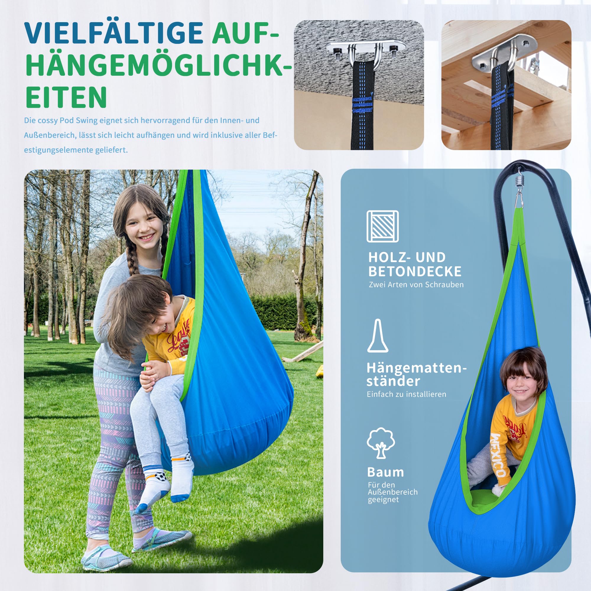 cossy Hängesessel, Tragbarer Pod Hängehöhle mit Aufblasbarem Kissen, Hängematte für Drinnen und Draußen, Blau