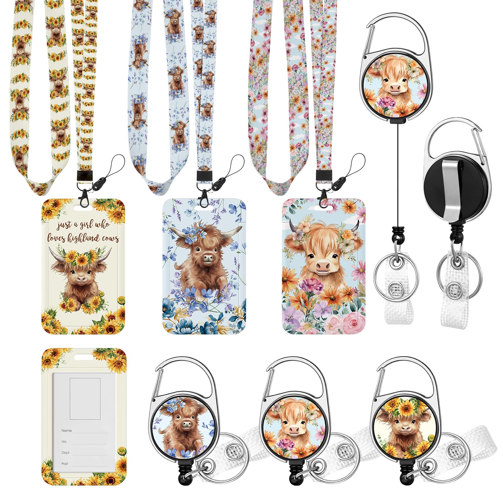 3 Set Highland Cows Lanyards with ID Holder Cute Floral Cows Lover Graduation Gift Teacher ID Badge Holder with Breakaway Lanyard Highland Cow Badge Teacher Gift for Nurse Office
