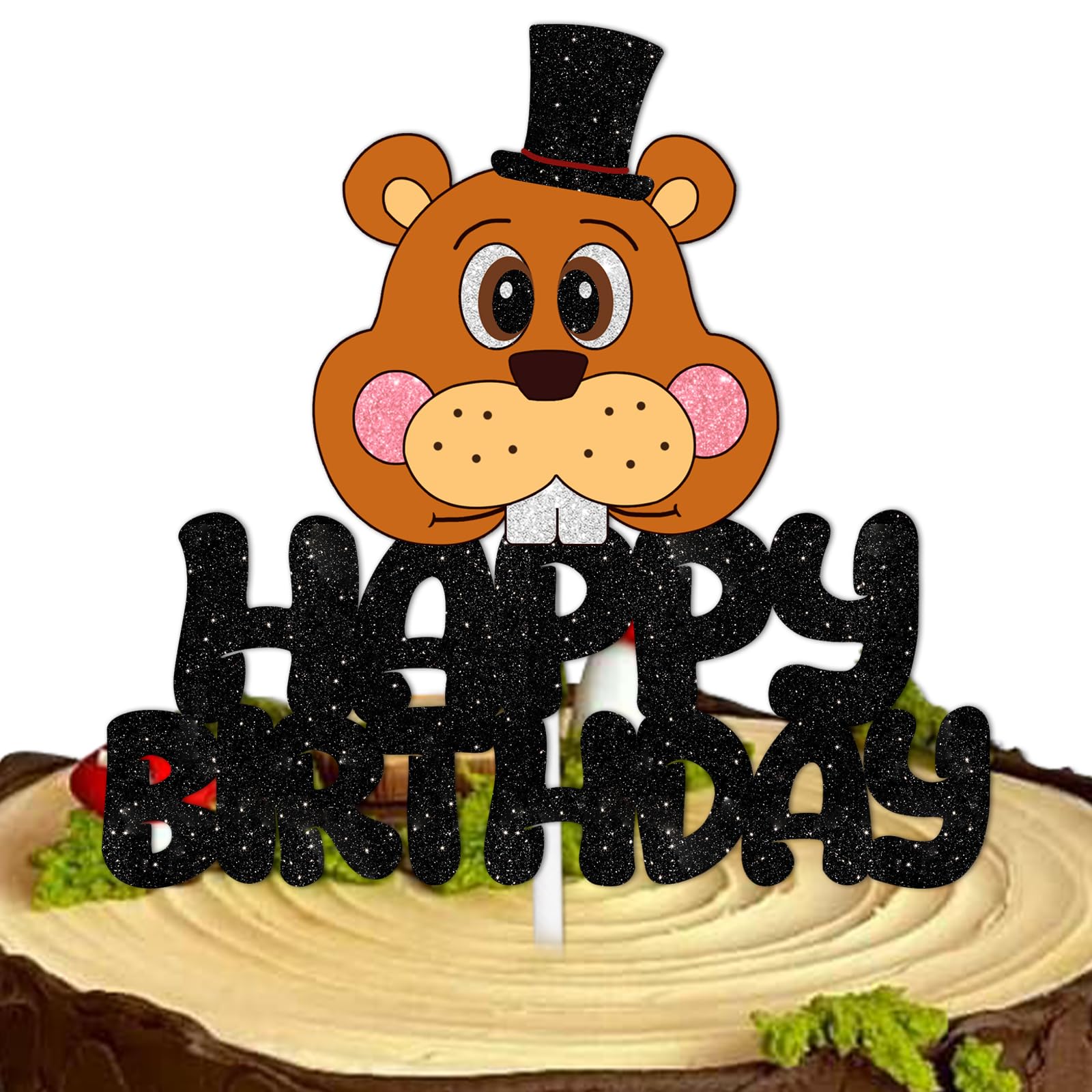Black Glitter Happy Birthday Animal Groundhog Head Cake Topper Cheer to Happy Groundhog Day Theme Decoration Supplies Baby Shower Boys Girls Birthday Party Decor Supplies