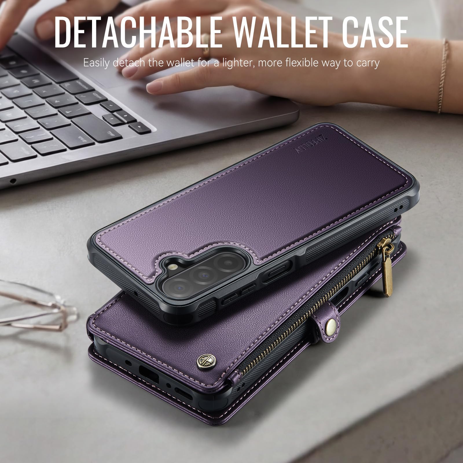 Funda magnética desmontable para Galaxy A17 5G, color morado | Tarjetero con bloqueo RFID, bolsillo con cremallera, ranura para efectivo, pulsera, para mujeres y hombres