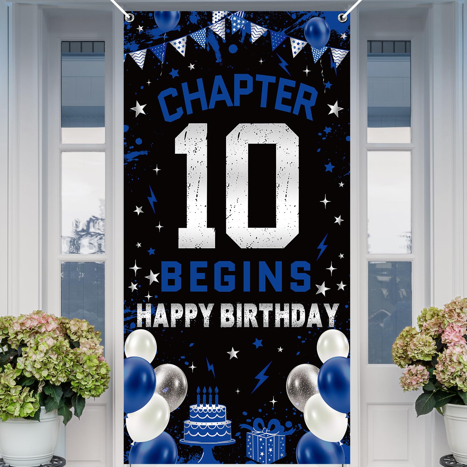 JoyAura 10th Birthday Banner Decoration - Blue Silver Fabric Digits Birthday Large Sign Door Cover Background with Star Patttern, Happy Birthday Poster for Son Nephew Indoor Outdoor Celebrations