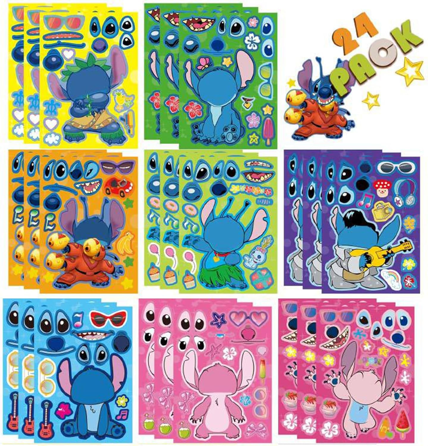 24 Sheets Cute Stickers,Mixed & Matched with 8 Designed Characters(3 of Each) Stickers, Cartoon Party Favors, Gifts for Her (Blue)