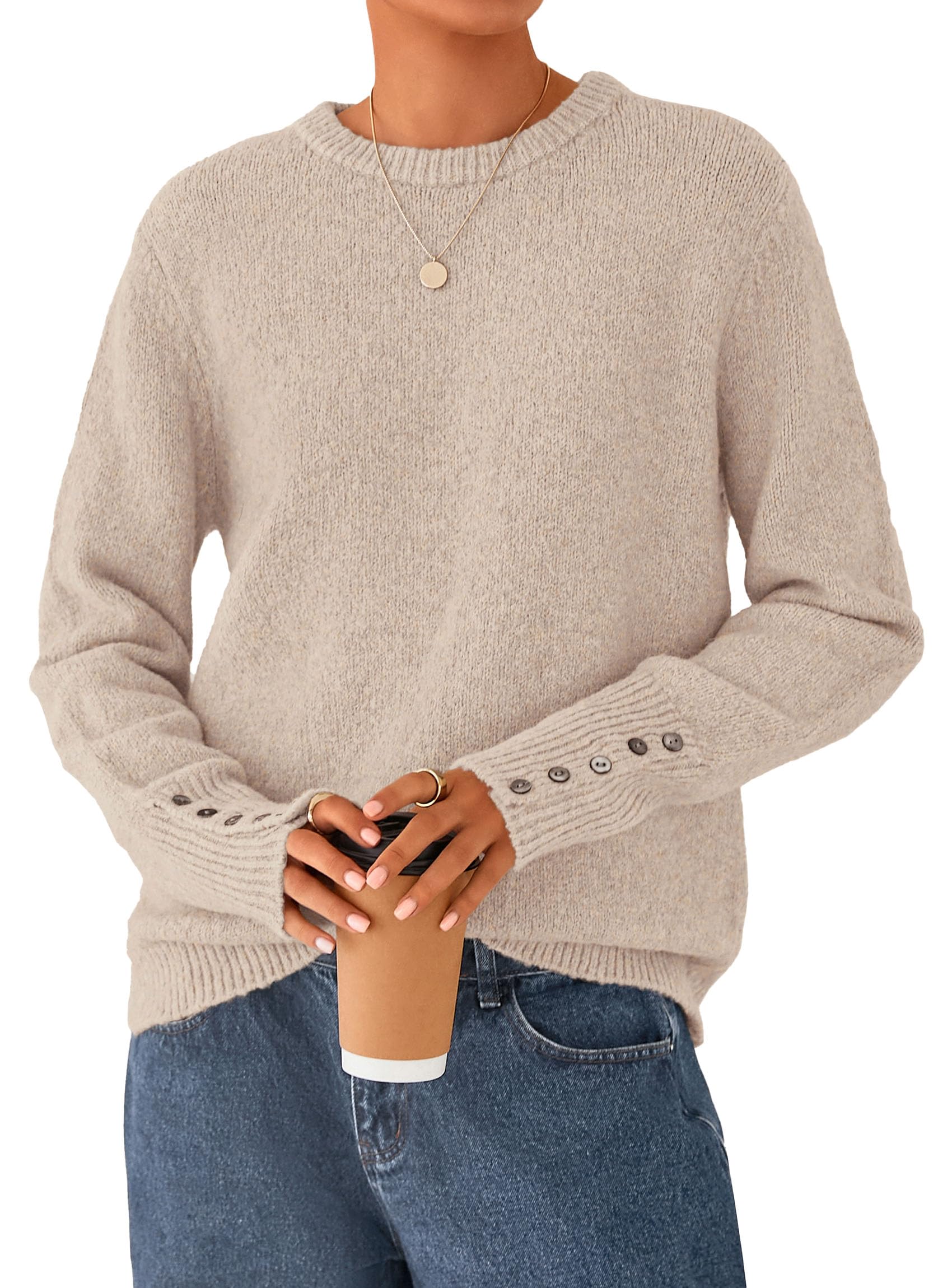 PRETTYGARDEN Fall Sweaters for Women 2026 Cozy Casual Crewneck Pullover Button Long Sleeve Knit Tops Winter Fashion Clothing