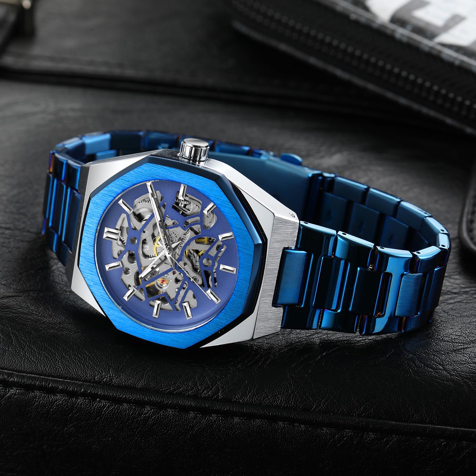 Mechanische Herrenuhr, selbstaufziehende Armbanduhr für Herren, achteckiges Gehäuse, Edelstahlband, Skelett-Design, Uhren