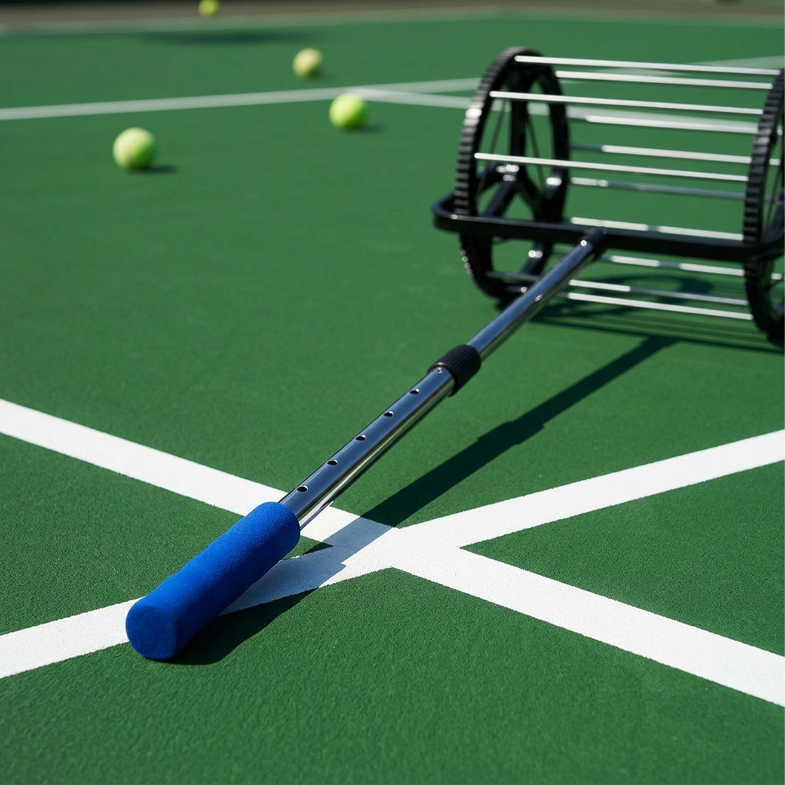 Relaxdays Raccoglitore per Palline da Tennis, 106x29x27 cm, Metallo, Manico telescopico, Ruote, Nero/Argento