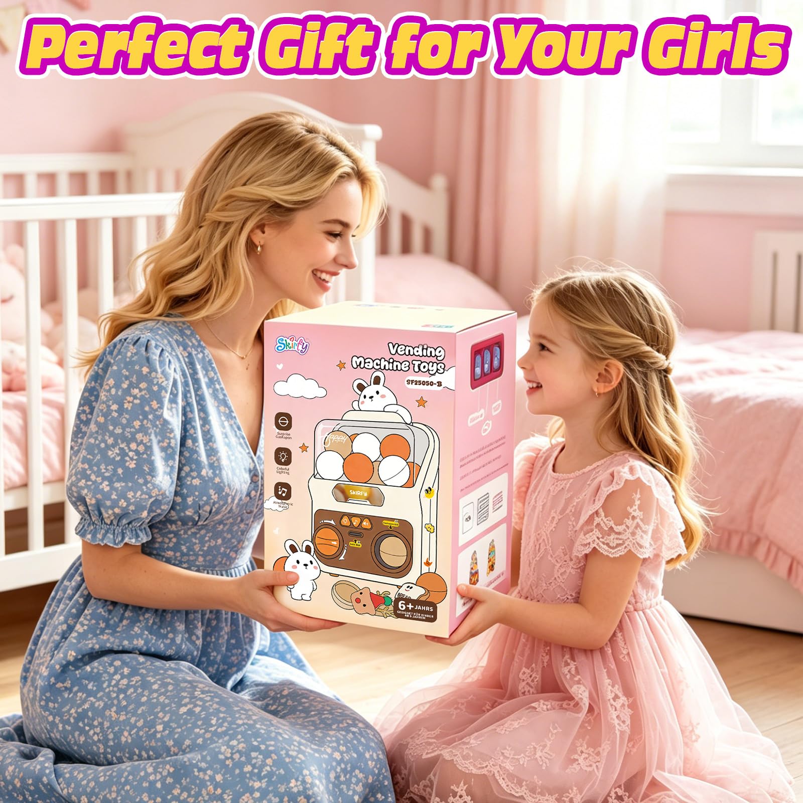 Skirfy Distributore di Capsule Unicorno con Monete per Bambini | Con 15 Capsule da 45 mm, 10 Peluche, Luci e Suoni, Macchina Premio per Feste e Regali Bambine 6+