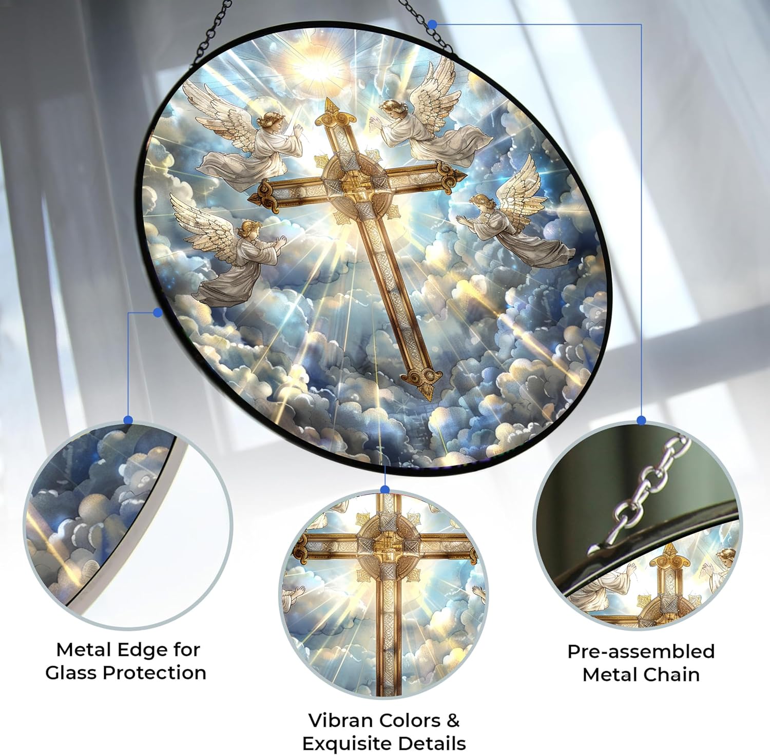 Jesus Cross Stained Glass Window Hangings, Cat Butterfly Sunflower Handcrafted Stained Glass Suncatchers, Gift for Cat Lovers Nature Lovers (12”x12”)