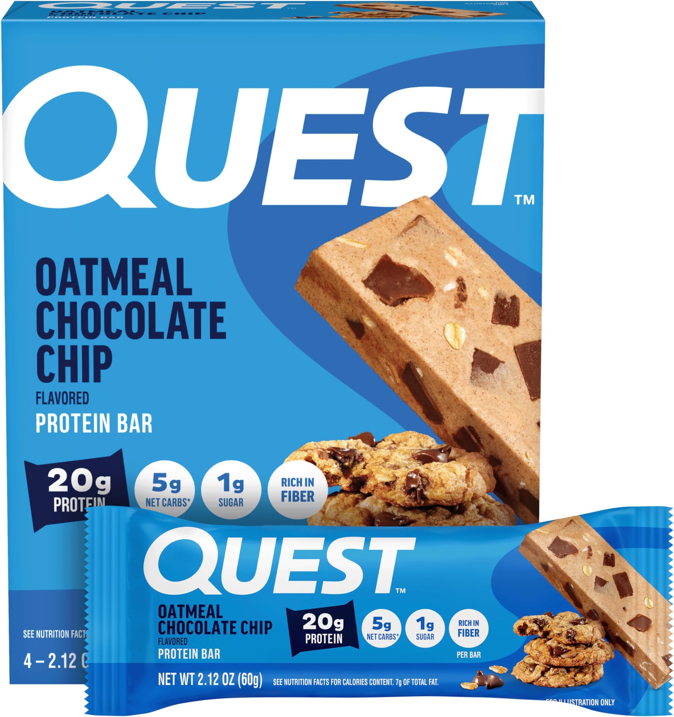 Quest Nutrition Oatmeal Chocolate Chip Protein Bars, 20g Protein, 1g Sugar, 5g Net Carb, Gluten Free, Keto Friendly, 4 Count