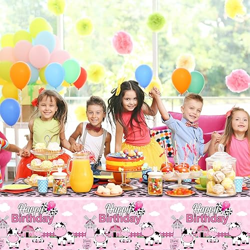 Miniatura 5 de Tiamon Mantel de 3 piezas de decoración de fiesta de cumpleaños de vaca de 108 x 54 pulgadas, funda de plástico con estampado de vaca rosa, manteles