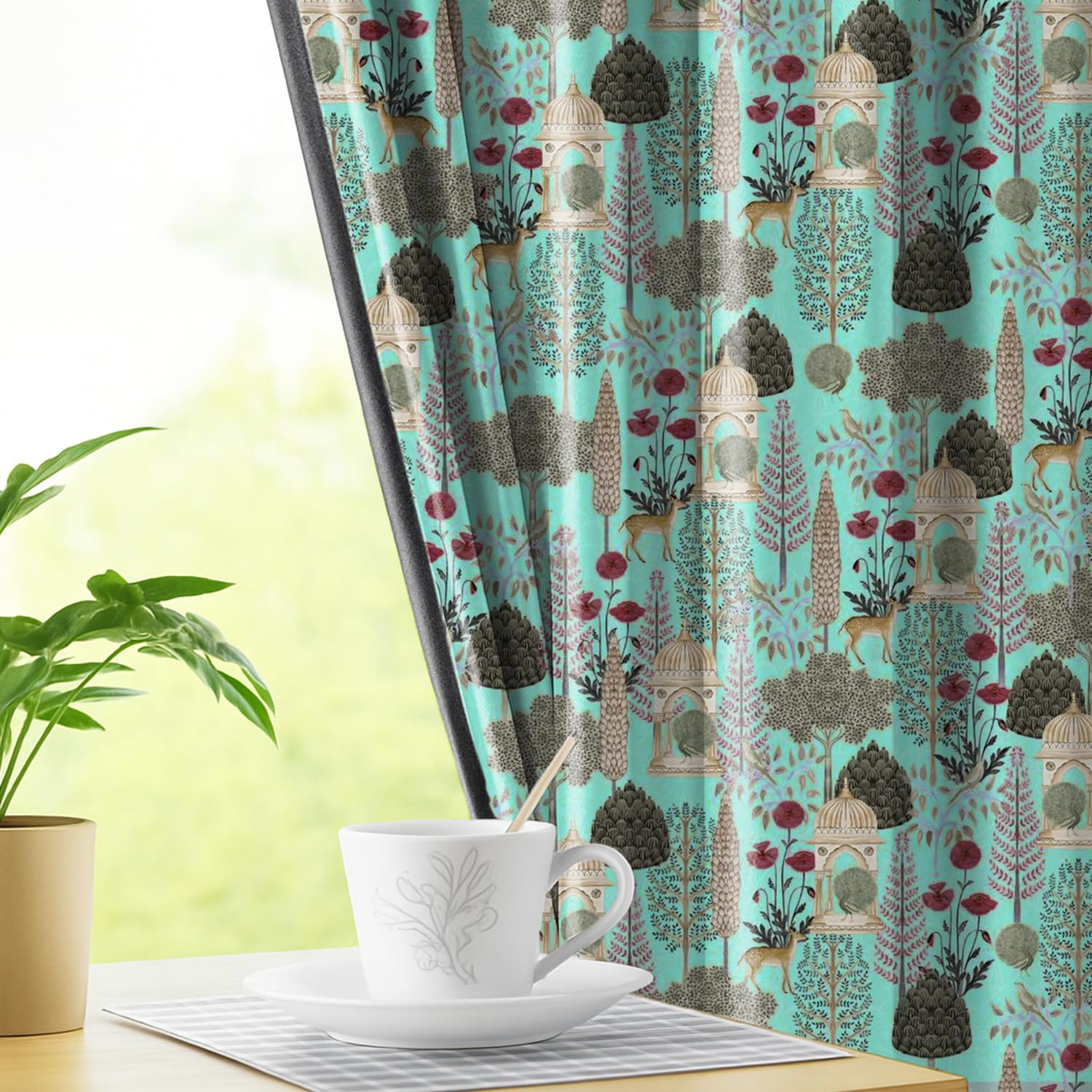 LINENWALAS Pichwai Printed 100% Blackout Curtains for 9 Feet Long Door Set of 2 Panels, Thermal Insulated, Noise Reducing Luxury Drapes, Heritage Art Inspired Premium Curtains for Living Room (Aqua)