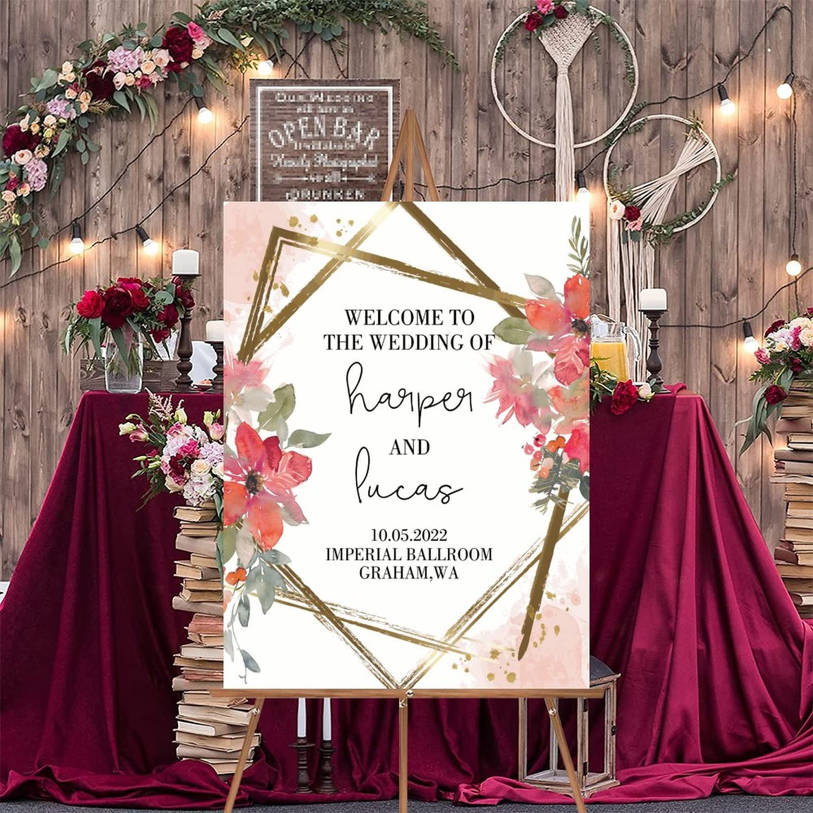 Benutzerdefiniertes Hochzeitsschild mit rotem Blumenkranz, elegantes Holz-Hochzeitsschild, Vintage-Stil, Hochzeitsfeier, Empfang, Schild für Hochzeit, Hochzeit, Party, Dekoration, 45,7 x 61 cm