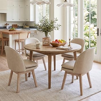 ROCITY Swivel Dining Chairs Set of 4, Faux Leather Kitchen Chairs with Solid Wood Legs, Mid Century Modern Upholstered Dining Room Chair Armless Accent Chair for Kitchen/Restaurant - Pebble Grey