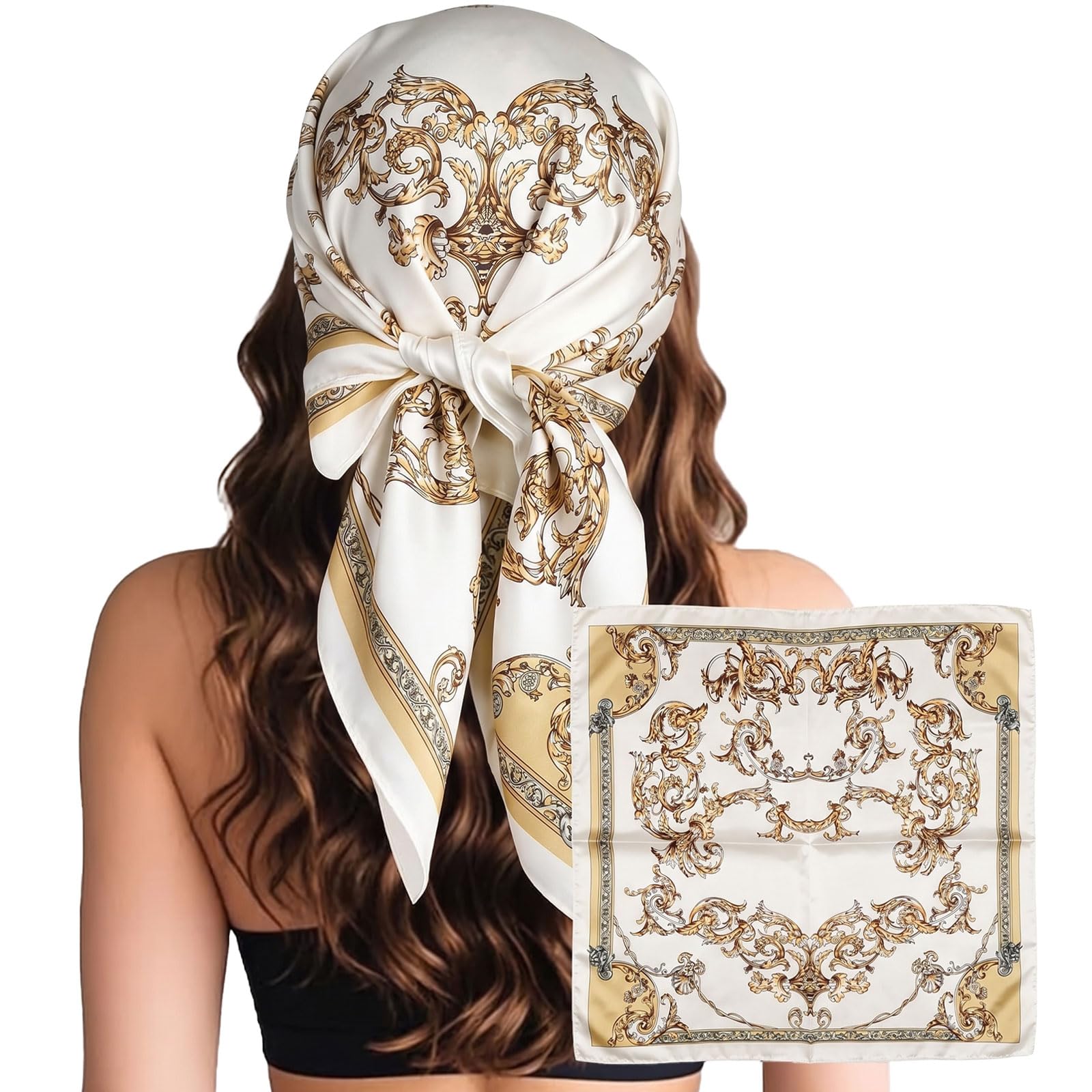 NWDEY Head Scarf for Women Silk Like Satin Hair Scarf Large Square Printed Bandanas 35 Inch Silk Scarves for Sleeping Neck Scarf Hair Wrap (1 Pc Style 108)