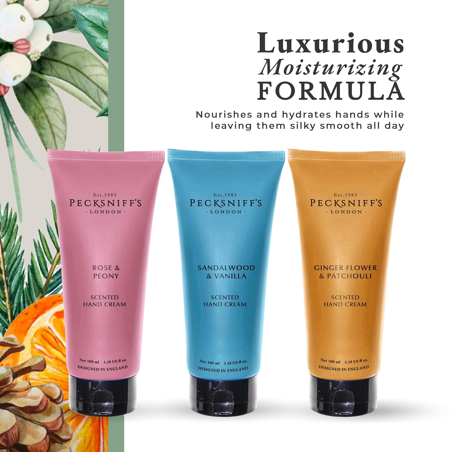 Pecksniff's Luxury Hand Cream – Moisturizing Skincare for Women & Men, Made in England, Classic Scents (Rose & Peony, Sandalwood & Vanilla, Ginger Flower & Patchouli), 3-Piece Gift Set