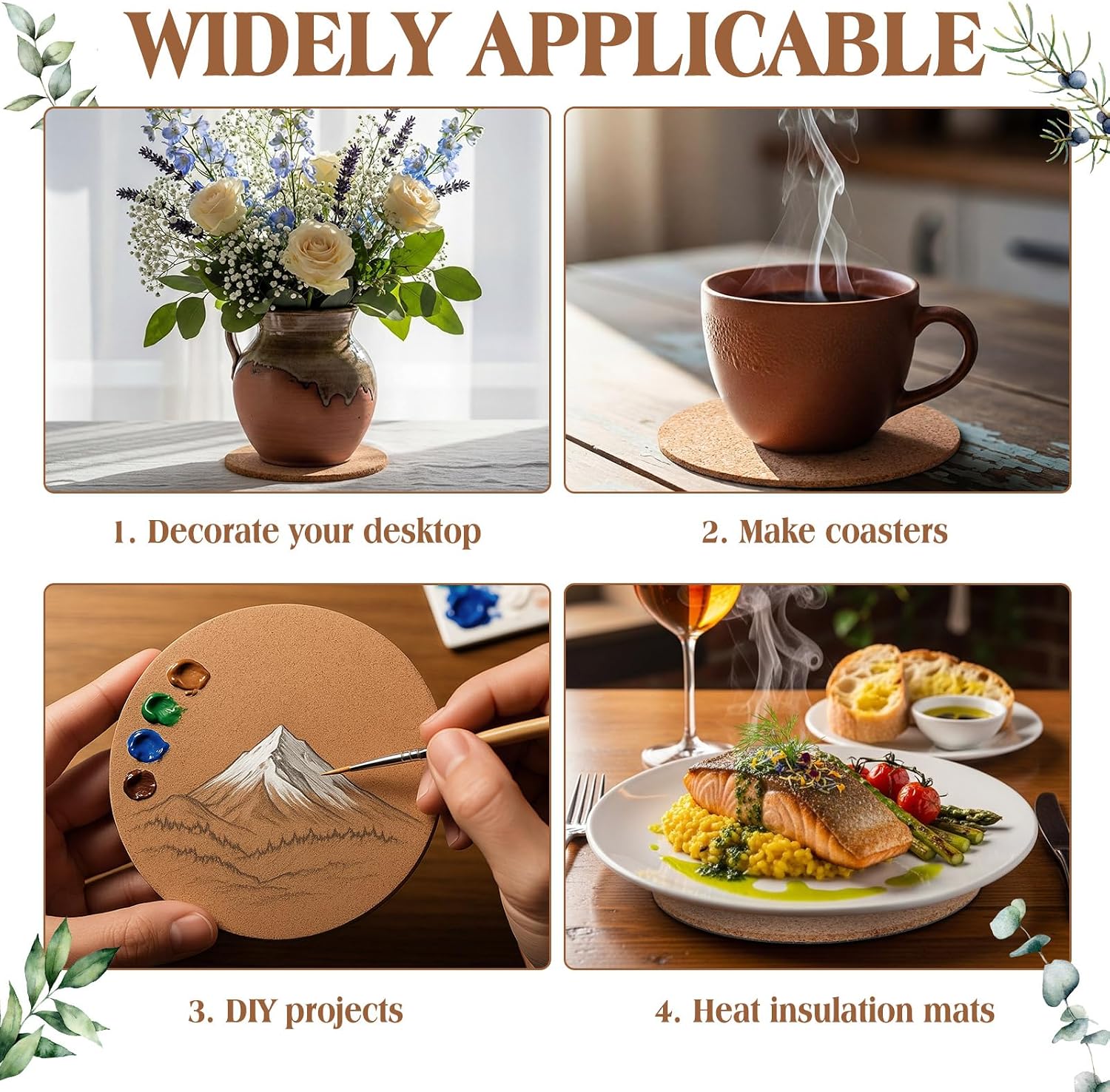 Gejoy 20 Pcs Cork Plant Coasters, Cork Plant Mats Absorbent Round Saucers Placemats for Indoors, Planters, House Plants, Surface Protector for Table & Floor(4/6/8/10 Inch)