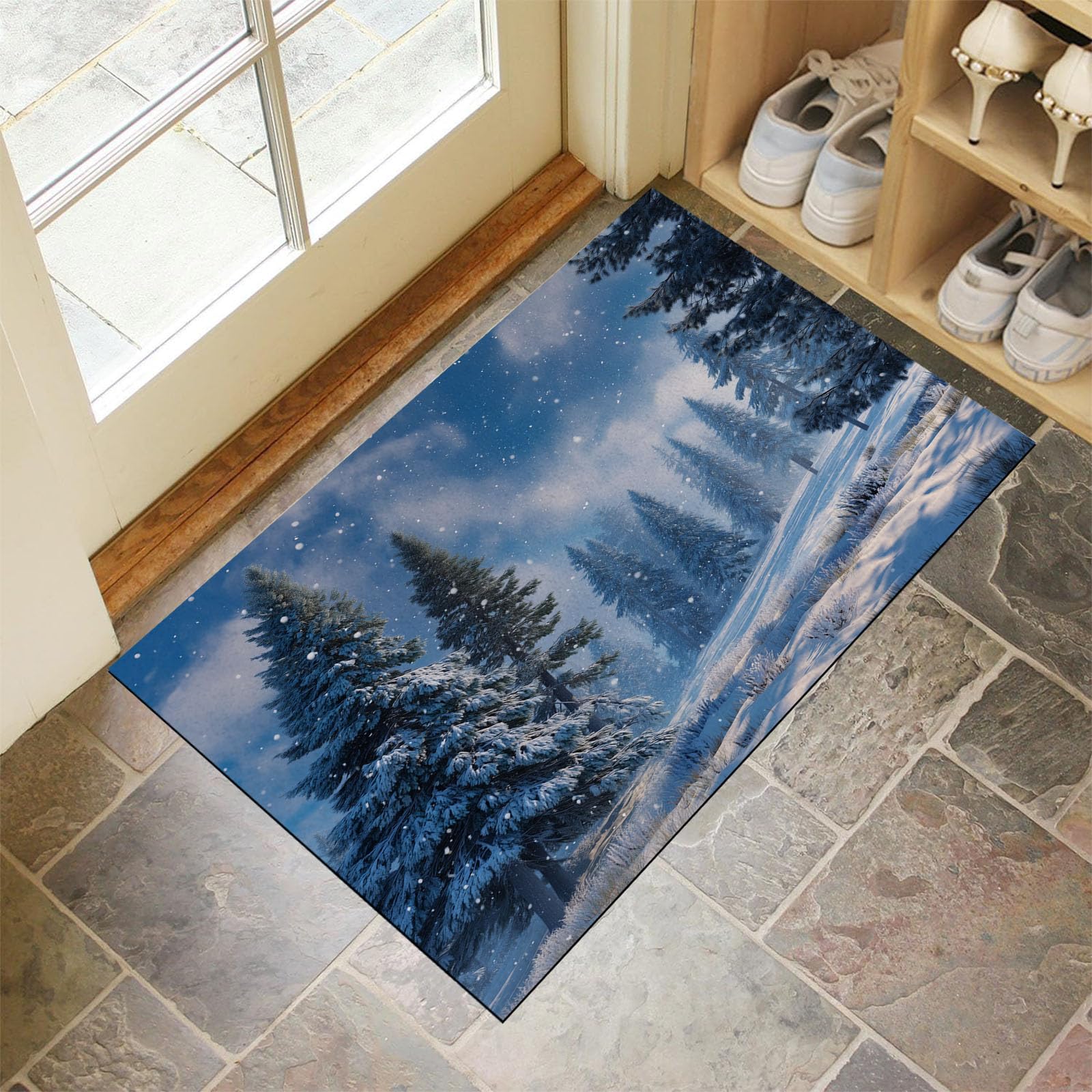 Tapis de bain antidérapant et lavable bleu paysage d'hiver