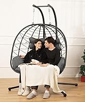 DoubleTT Double Egg Chair with Stand - Foldable Hanging Hammock Swing Loveseat, 700LBS Capacity, UV-Resistant Removable Cushions for Balcony, Garden, Bedroom (Black/Gray)