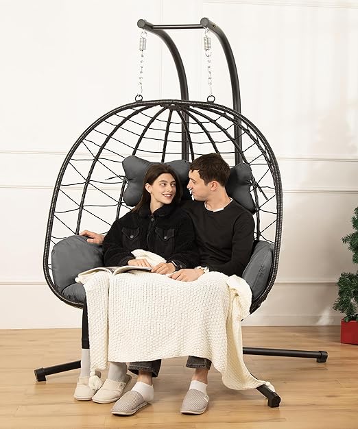 Double Egg Chair wth Stand Hammock Swing Chair Foldable Hanging Loveseat, UV Resistant Removable Cushions, 700LBS Capacity for Bedroom, Balcony, Garden(BK-GR)