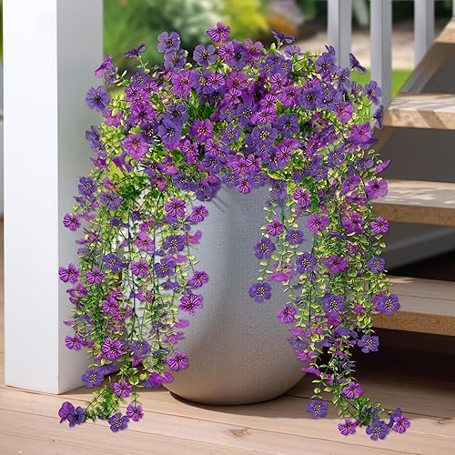 Evoio Flores colgantes artificiales para exteriores, 2 piezas de margaritas de seda sintética para exteriores, resistentes a los rayos UV, plantas