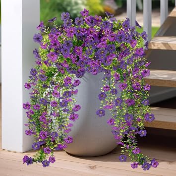 Evoio Artificial Hanging Flowers for Outdoors, 2PCS Faux Silk Daisy Outdoor Flowers UV Resistant Fake Hanging Plant for Outside Planter Porch Patio Yard Garden Wedding Home Decorations Double Purple