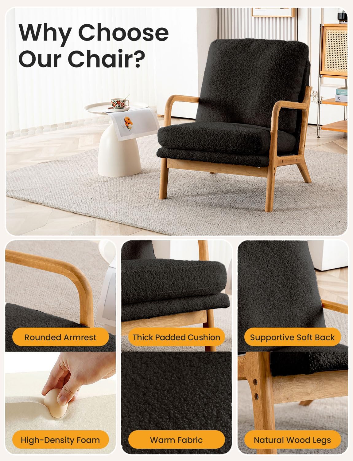 Mid Century Modern Accent Chairs for Living Room, 23” Wide Comfy Chair for Bedroom, Small Cozy Sherpa Reading Chairs for Adults, 108° Lounge Arm Chair Indoor with Detachable Cover, 5.5" Foam Cushion