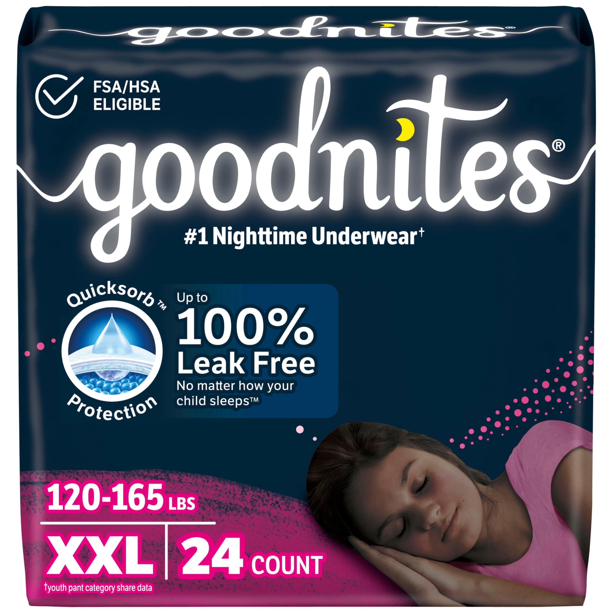 Goodnites Girls' Nighttime Underwear, Size XXL (120-165 lbs), 24 Ct (2 Packs of 12), Packaging May Vary