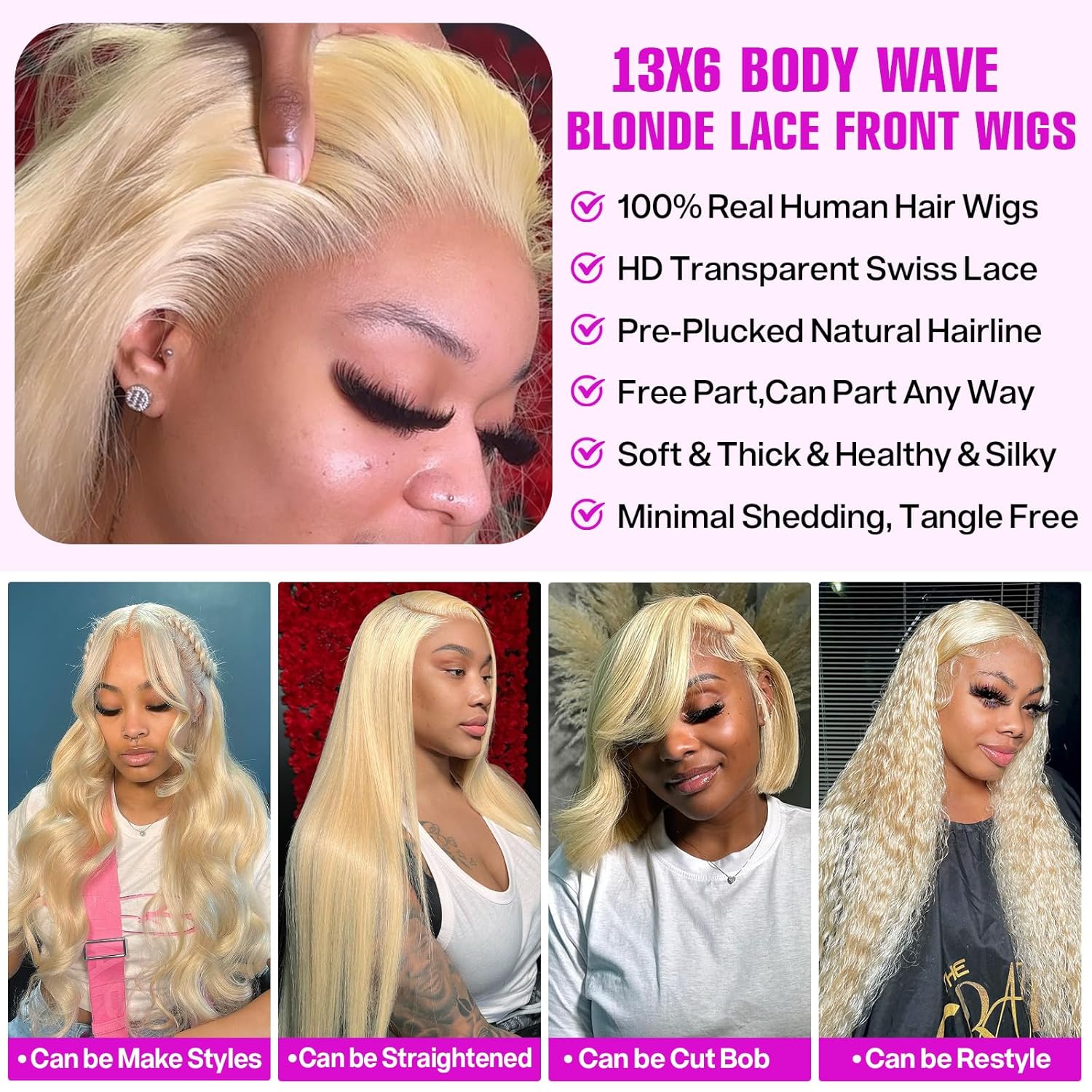 613 Lace Front Wig Human Hair 13x6 Blonde Lace Front Wigs Human Hair 200% Density HD Transparent Body Wave Lace Frontal Wig Pre Plucked with Baby Hair(28Inch)