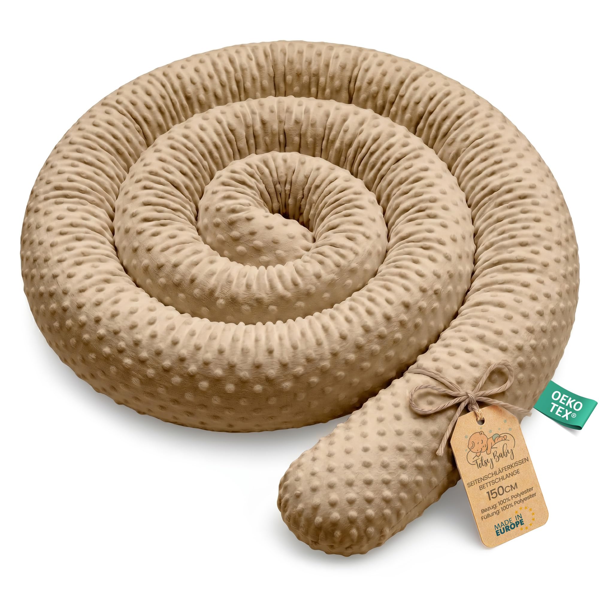 Totsy Baby Coussin serpentin XXL Roulé de lit Bordure - 150 cm - d’Allaitement décoratif Protection Bord Serpent XL Fait Main Couleur Beige Certificat Oeko-Tex