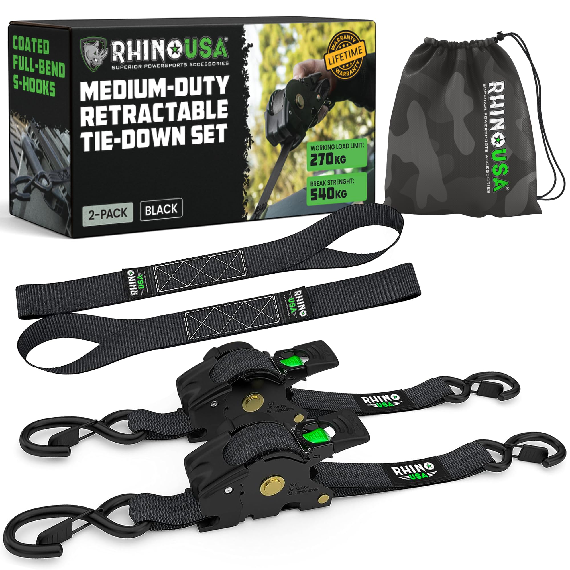 Rhino USA Retractable Ratchet Straps (2-Pack) - 2.5cm x 3m (540kg Break Strength) - Medium Duty Auto Self-Retracting Tie Down Straps for Truck, Cargo Trailer, Motorcycle, Bike & More - Black