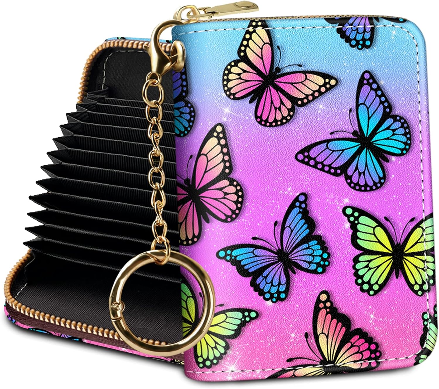 Credit Card Holder RFID Wallet, Small Card Holder Wallet for Women with Keychain Zipper, Funny Leather Print Credit Card Wallets Accordion Gift