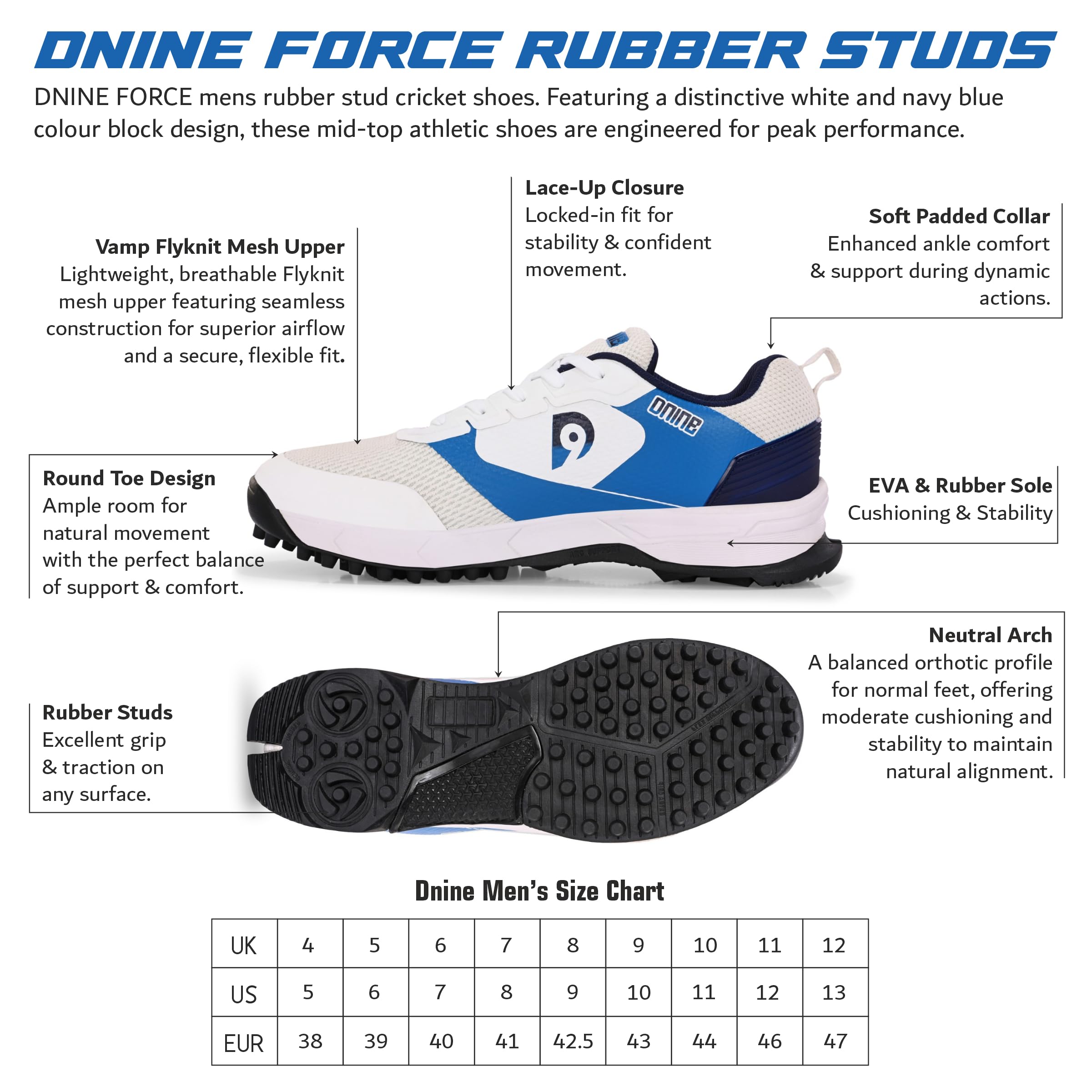 DNINE Force Men,Rubber Stud Cricket Shoes β White/Navy Blue 4