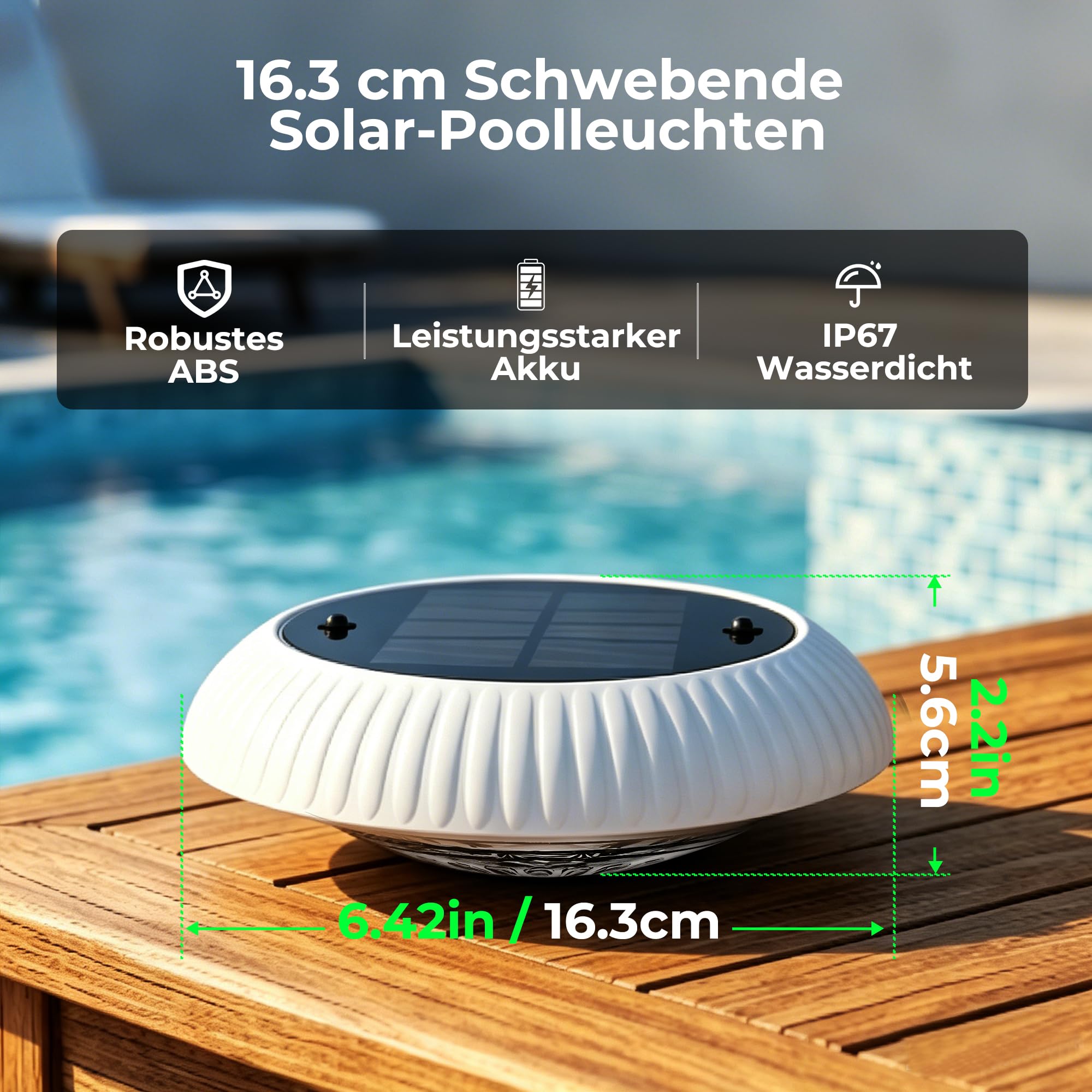 Schwimmende Poolbeleuchtung Solar mit Fernbedienung – 16,3 cm, 2-in-1 Doppellicht (57 Modi), Timer, IP67 wasserdicht – für Pool, Whirlpool, Gartenteich, Aufblaspool (1 Stück)