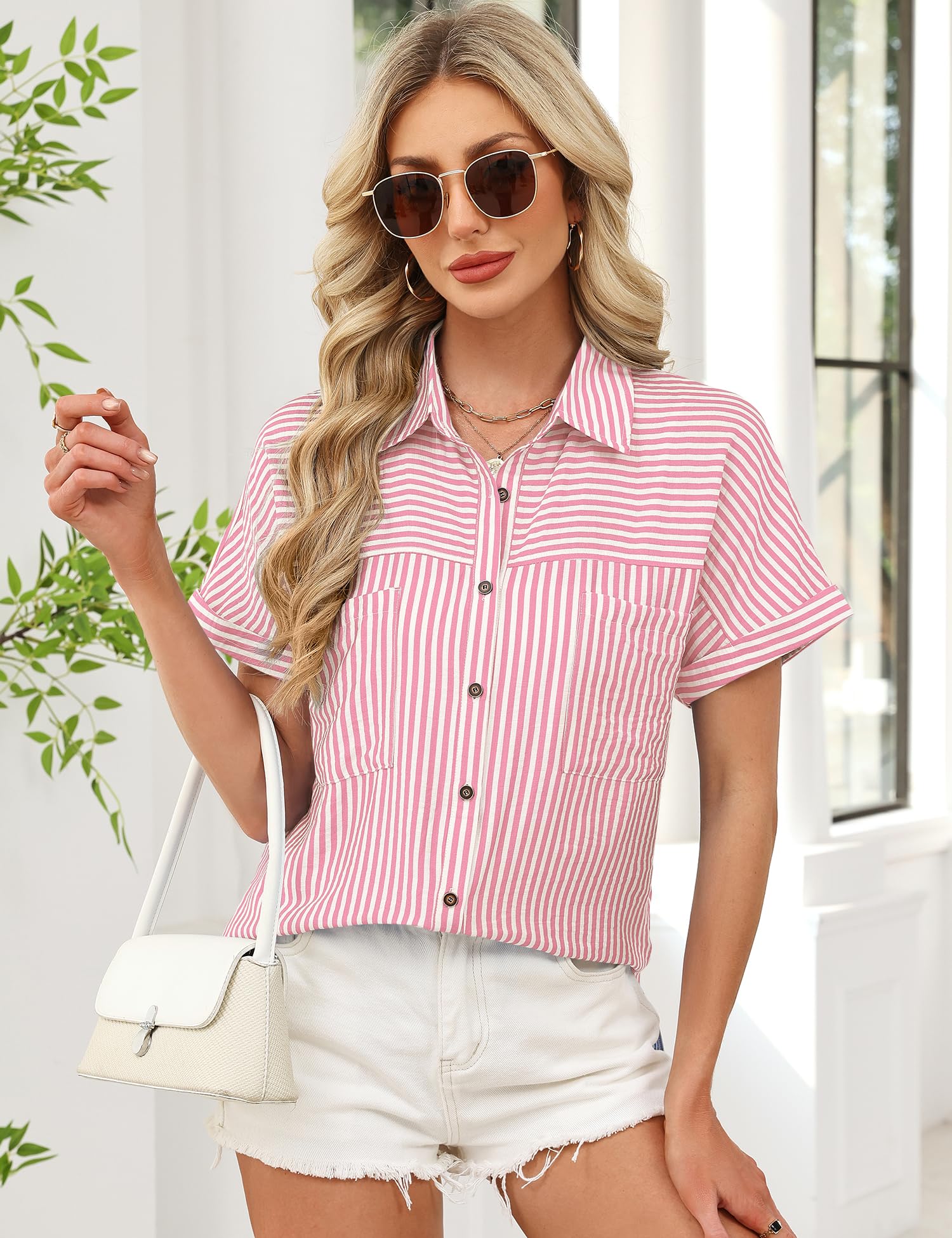 Rapbin Blusa para mujer, informal, manga corta, cuello en V, camisa de verano, con botones, elegante, blusa de algodón, parte superior con bolsillo