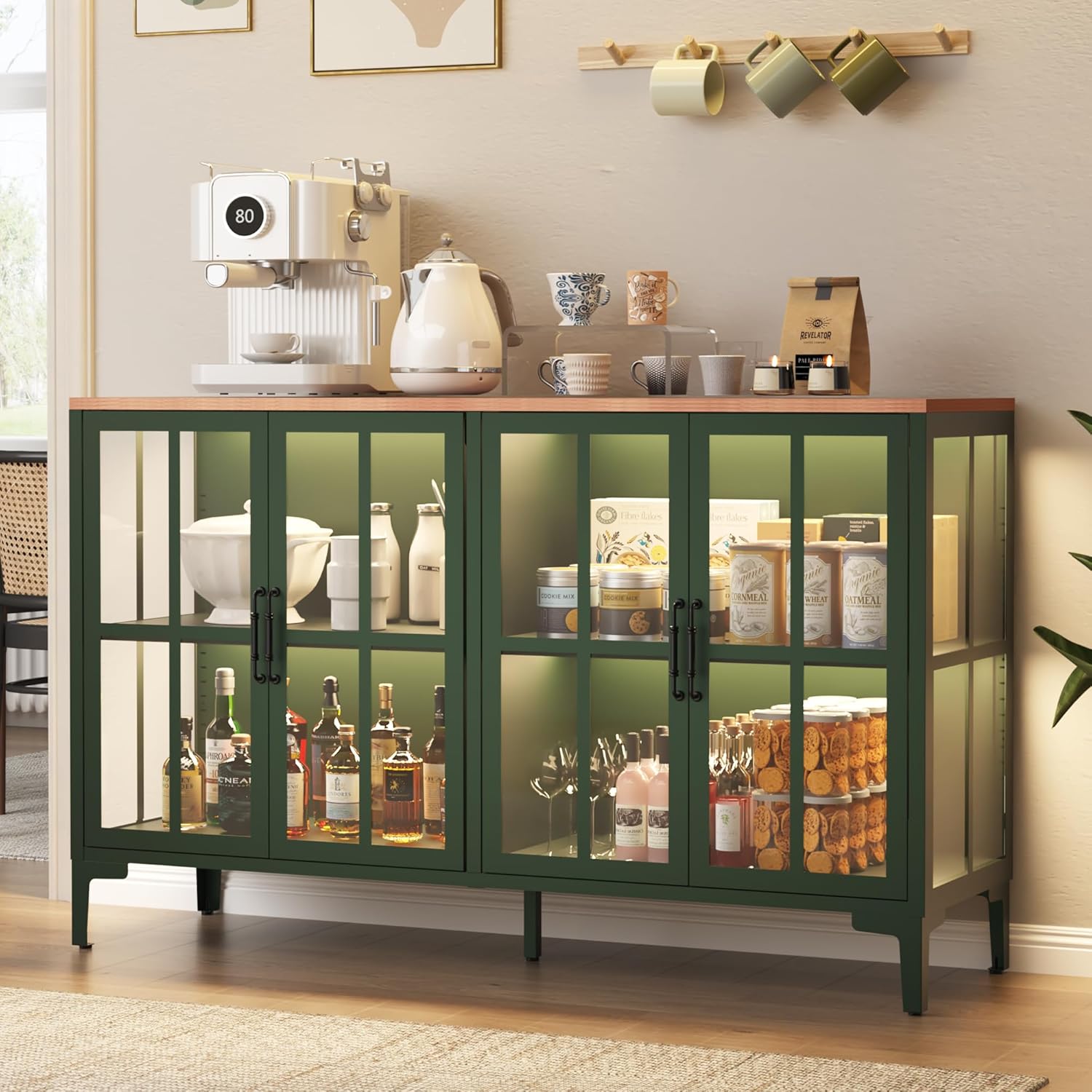 53" 3-Sided Glass Sideboard Buffet Cabinet with COB Lights, Adjustable Shelves, Modern Metal-Wood Buffet Table with Storage, Glass Display Cabinet for Coffee Bar Dining Room Kitchen, Green