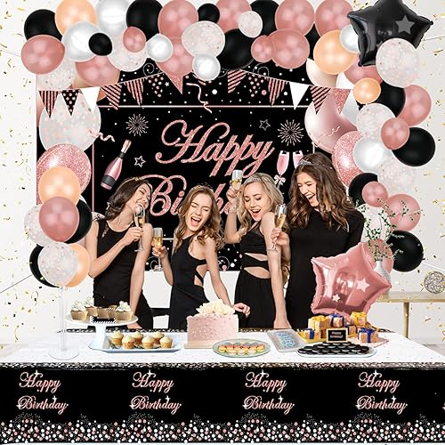 Miniatura 5 de Decoraciones de fiesta de oro rosa y negro, pancarta de fondo de oro rosa, mantel, columna de globos, globo de látex y globos de aluminio para niñas