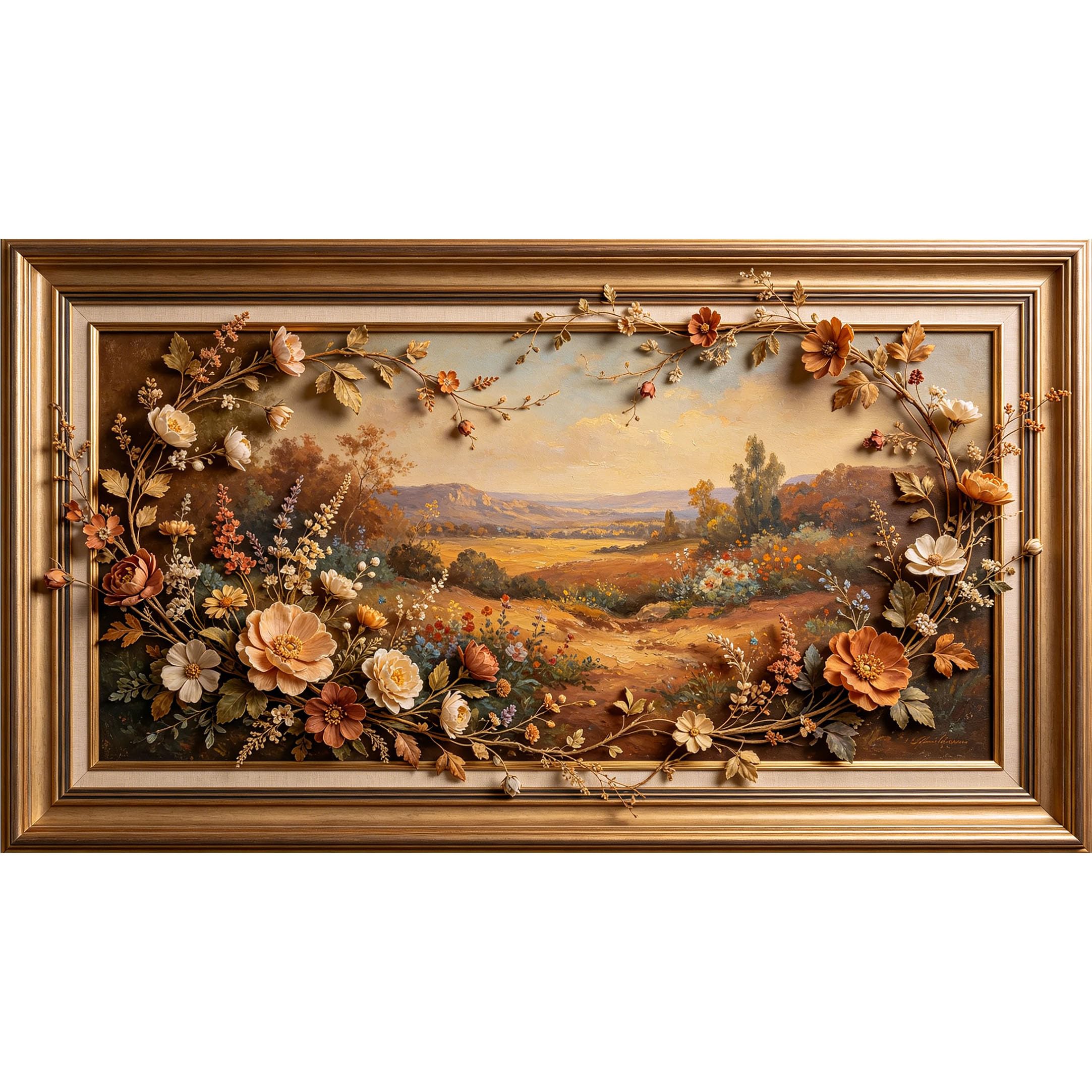 QZLITHOTIC 50×100cm 3D Framed Wall Art， Botanical Landscape Floral Meadow SelfAdhesive Mural， WaterActivated Peel & Stick Fabric Decor Wall Decal for Bedroom Living Room