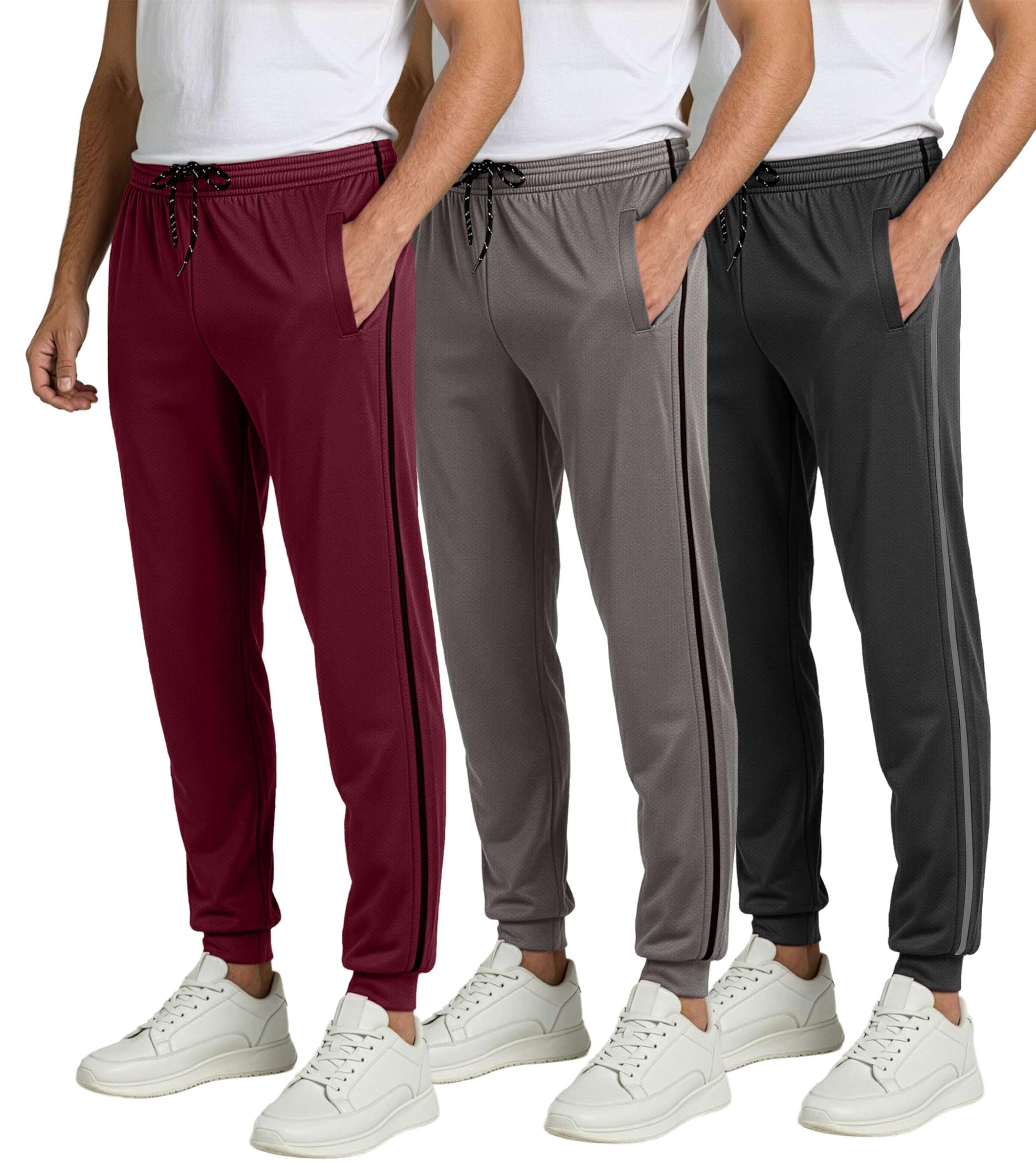 Real Essentials 3 Pack: Men's Tech Mesh Active Athletic Casual Jogger Sweatpants with Pockets(Available in Big & Tall)