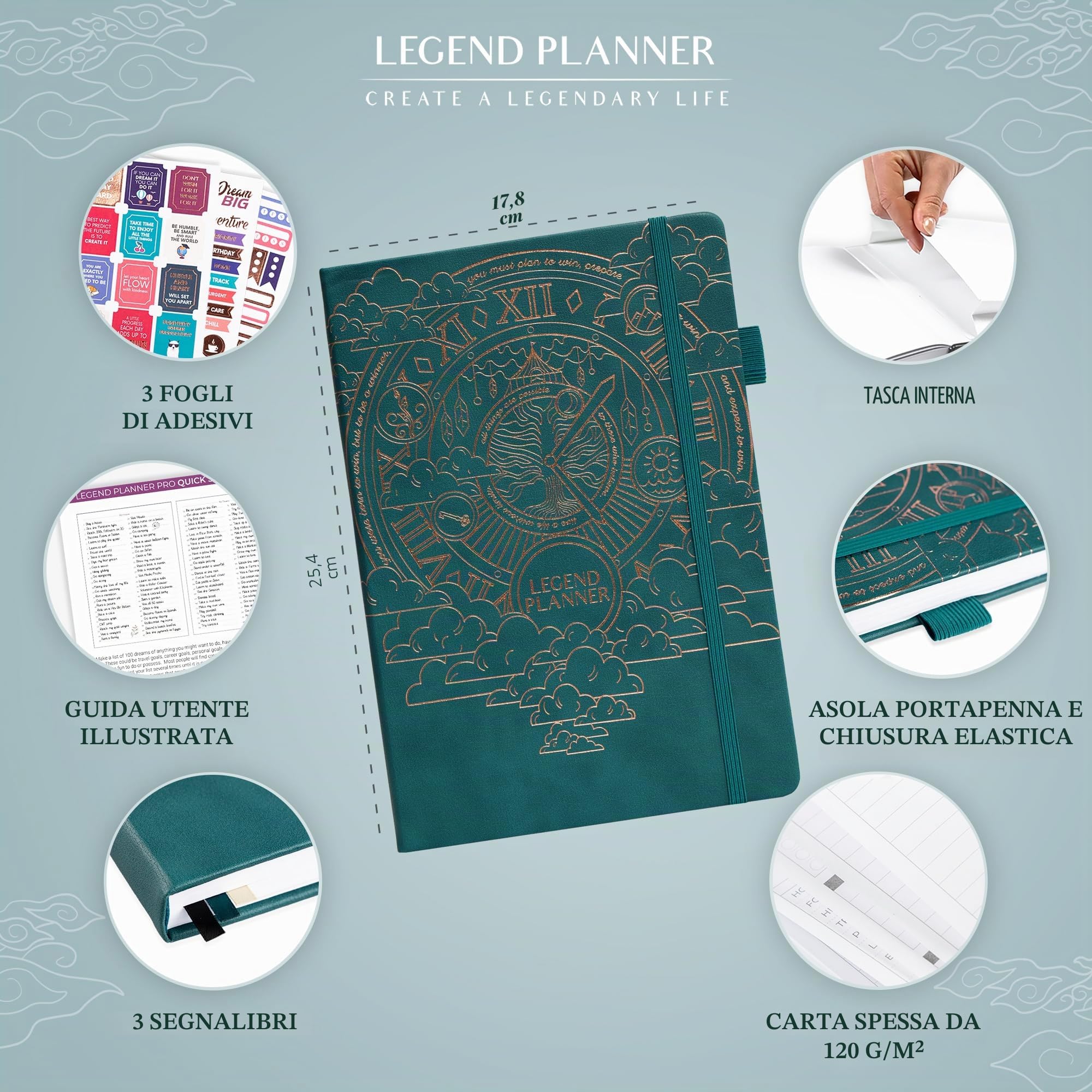 Legend Planner PRO - Agenda settimanale e mensile Deluxe per aumentare la produttività e raggiungere i tuoi obiettivi, agenda organizer per la gestione del tempo, non datata, 18 x 25,5 cm, copertina