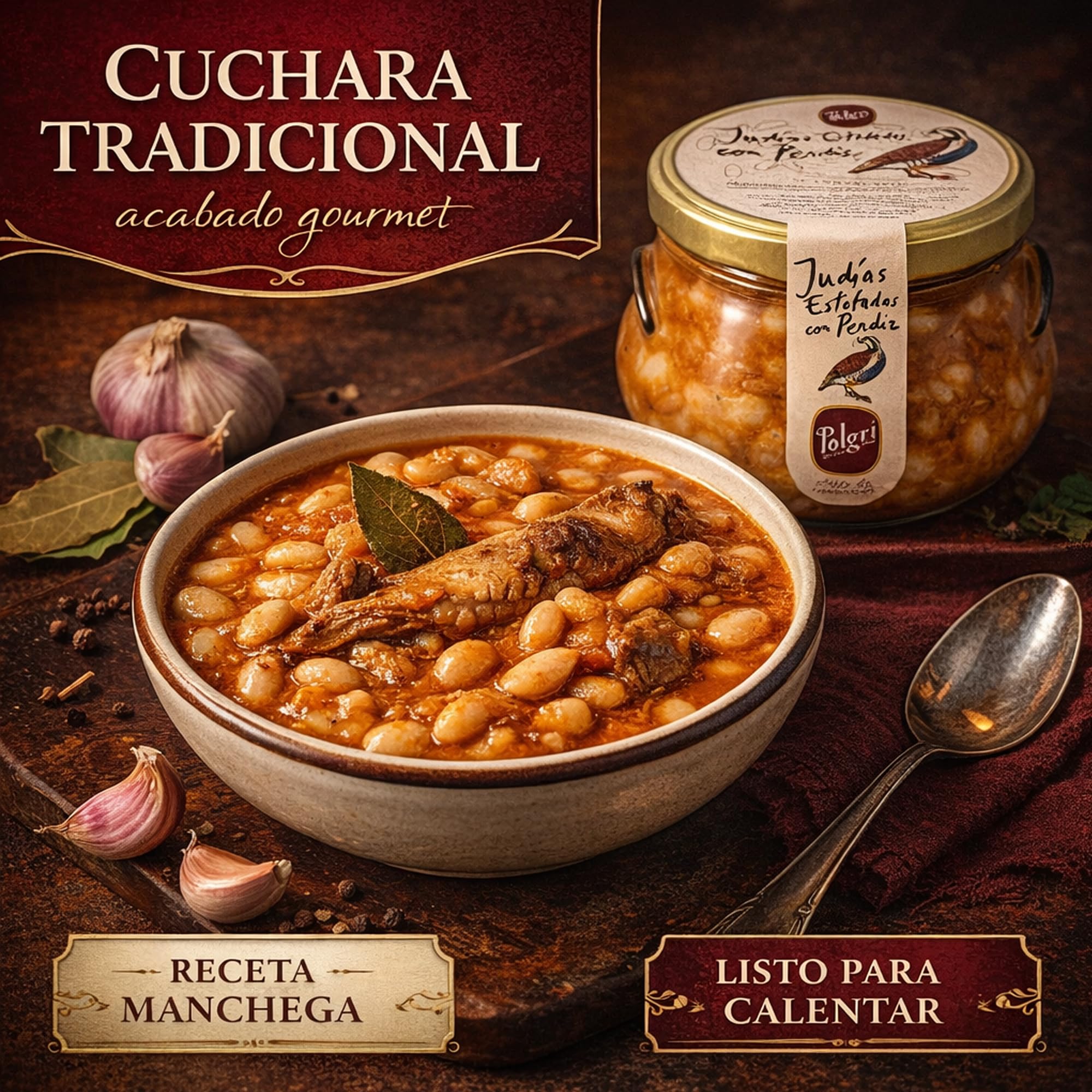 POLGRI Judias Estofadas con Perdiz Gourmet AOVE 640 ml Tarro de Cristal Comida Preparada